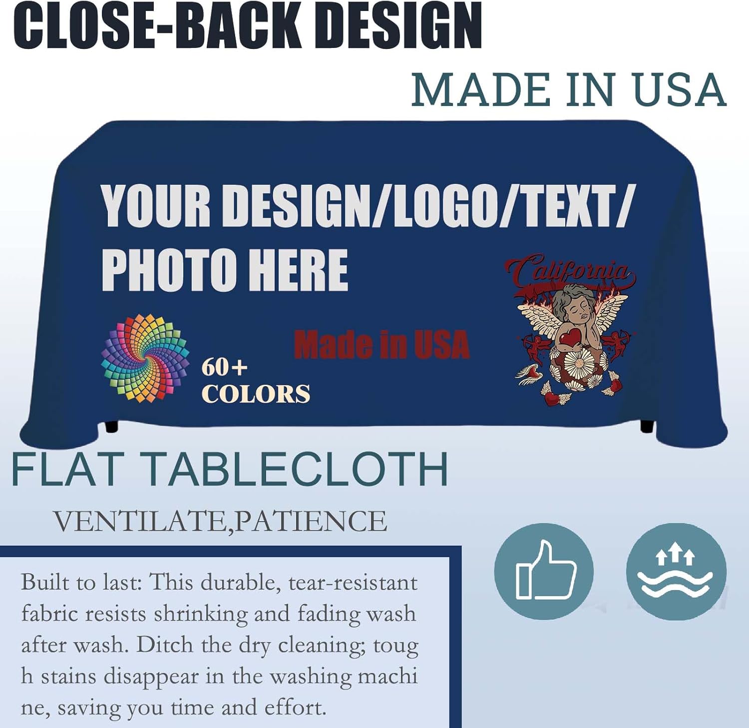 Premium Custom Table Cloth with Business Logo - Made in USA. 1-Day Production with 4-Side Printing, Thick polyester tablecloth Event & Business Display 4FT 5FT 6FT 8FT10FT (6FT Open Back 132"x69")
