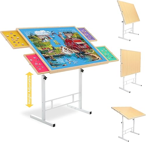 Mesa de rompecabezas de 1500 piezas con patas de metal ajustables, mesas de rompecabezas de 35 x 26 pulgadas para adultos con cajones coloridos,
