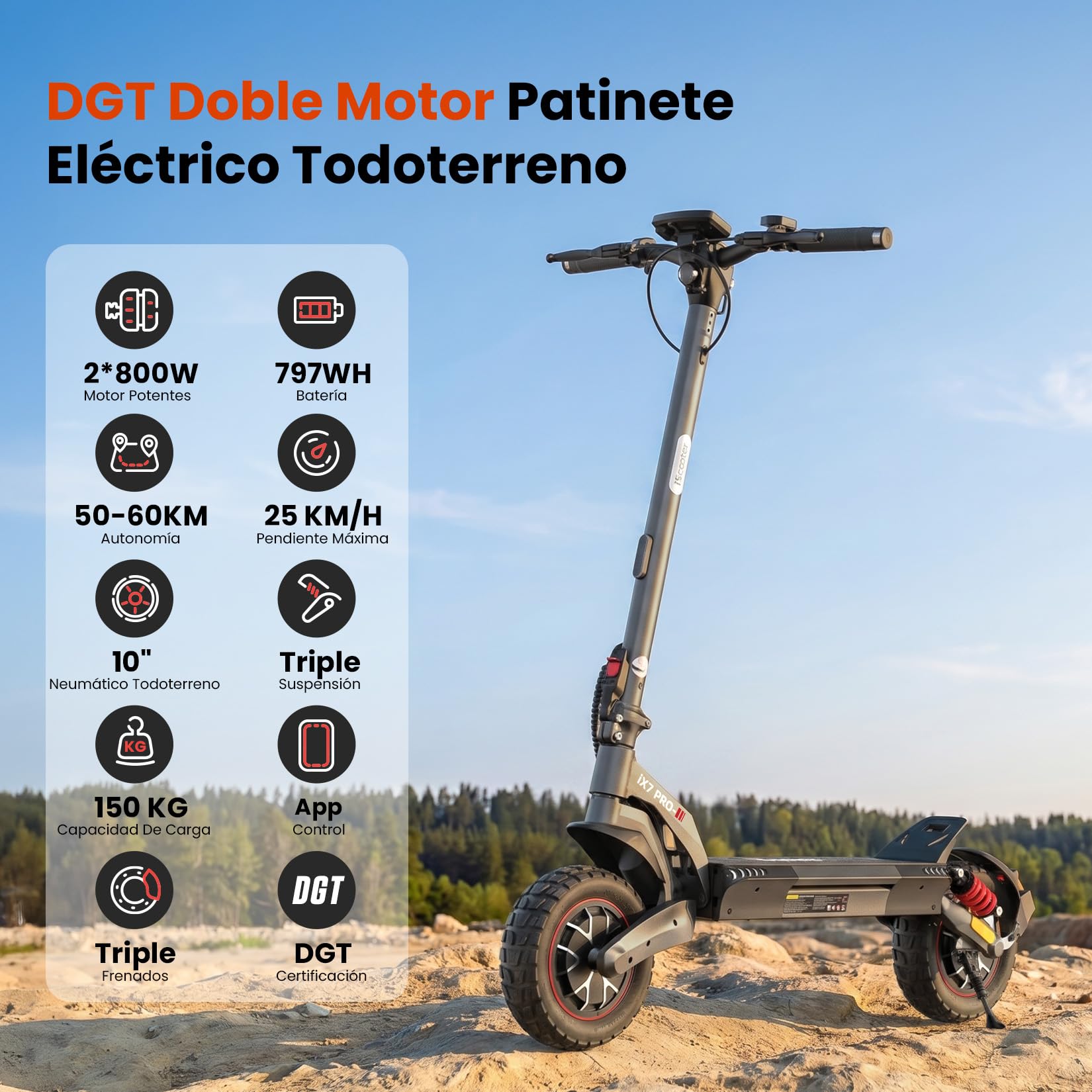 iScooter Patinete eléctrico Todoterreno iX7Pro, 500W*2 Doble Motor, Homologado DGT, 15AH Batería, Autonomía 55-60KM, Cerradura Electrónica, Smart App, Carga 150 kg, 4 Modos de Velocidad 10"