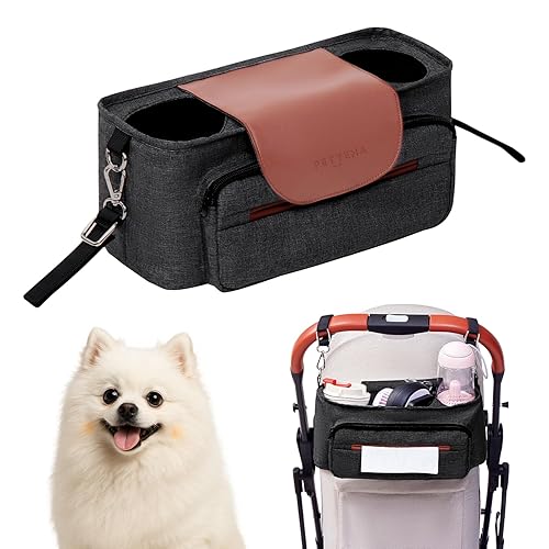 PETTENA Organizador de cochecito para perros con 2 portavasos, bolsillo para golosinas, correas antideslizantes, accesorios para cochecito de perro,