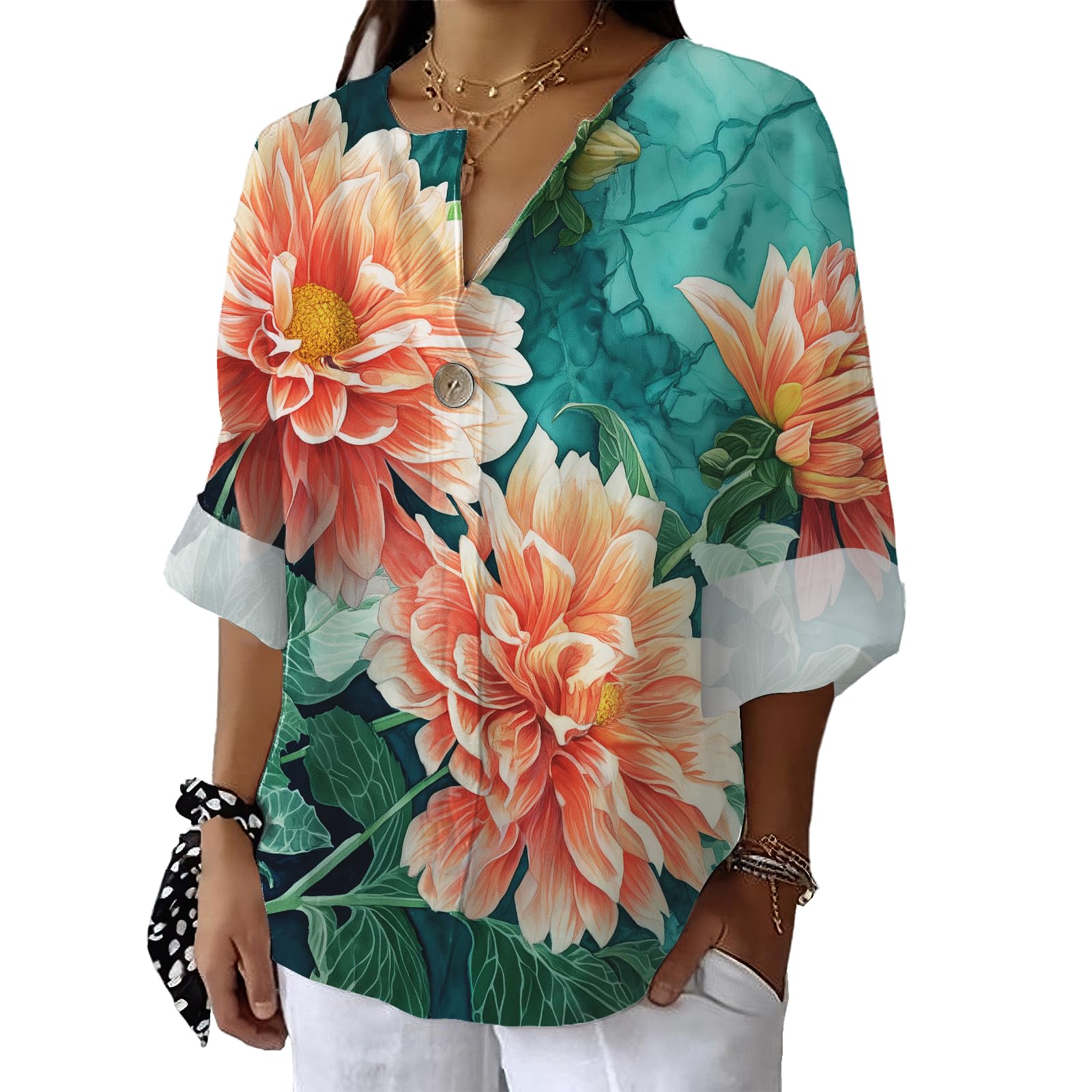 Floral Bird Graphic Shirt Womens Casual Blouse Summer Fashion 3 4 Sleeve V Neck Tops Loose Lightweight Pullover