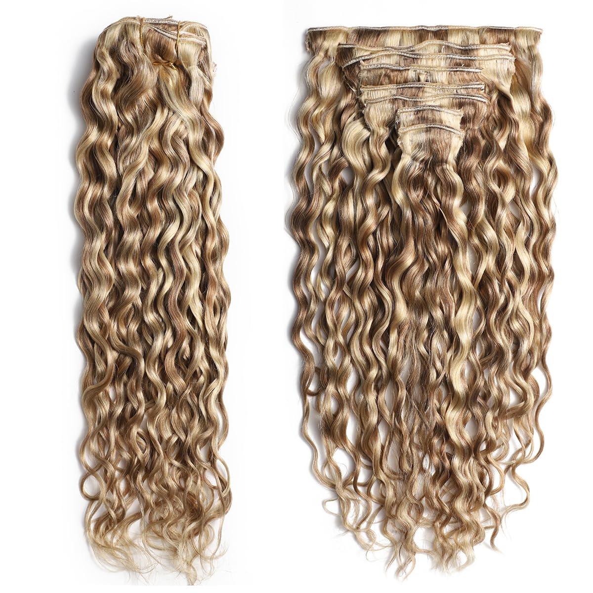 Extensiones de clip 9A de pelo natural rizado grande, con mechas balayage marrón y rubio, extensiones de pelo humano Virgin Remy P8/613# 40cm/16pulg