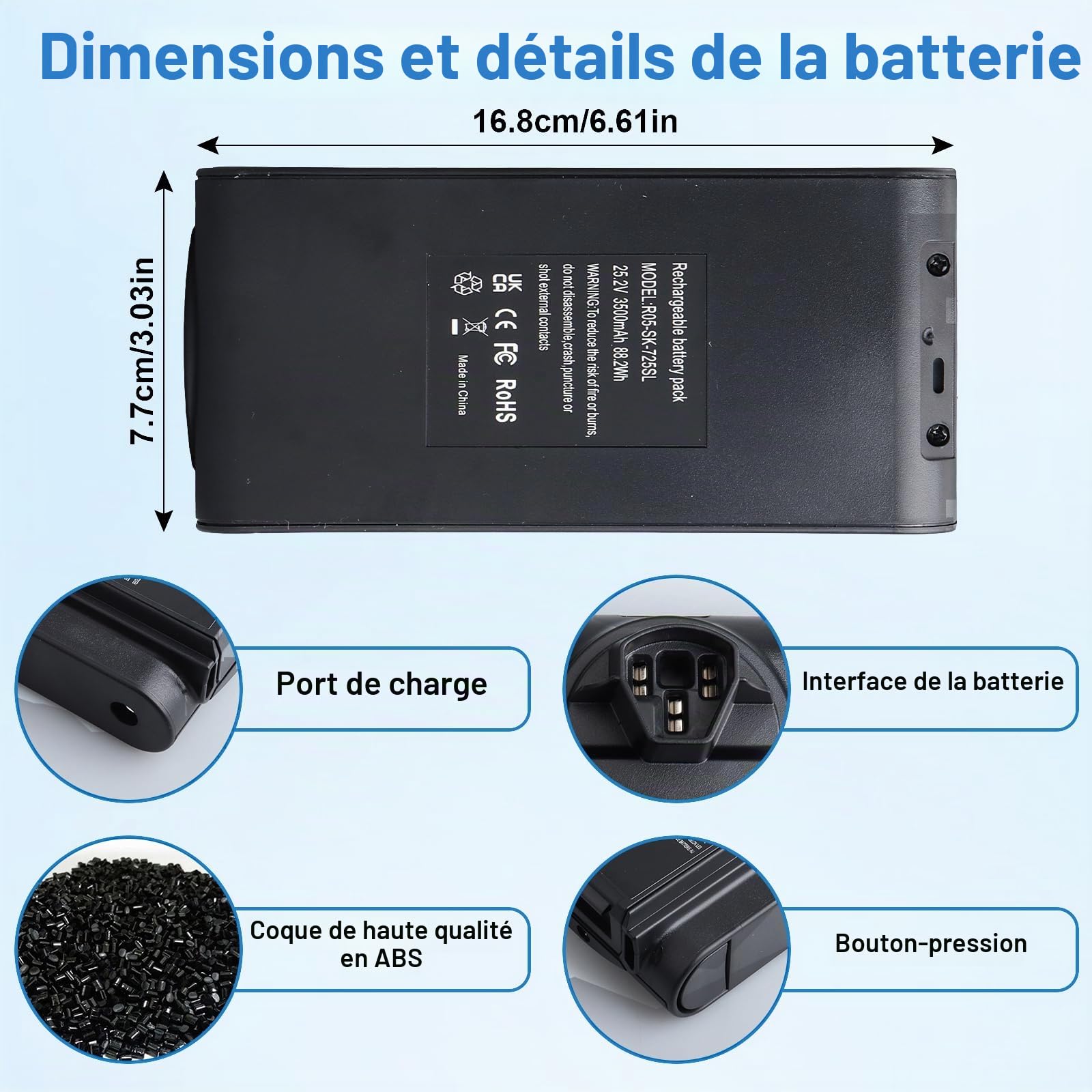Shark XBATR725SLEU /XBATR725SL Batterie de rechange 25,2 V 3500 mAh Compatible avec les aspirateurs sans fil IZ400UK, IZ400UKT, IZ420UKT, IZ400UKTSB Shark