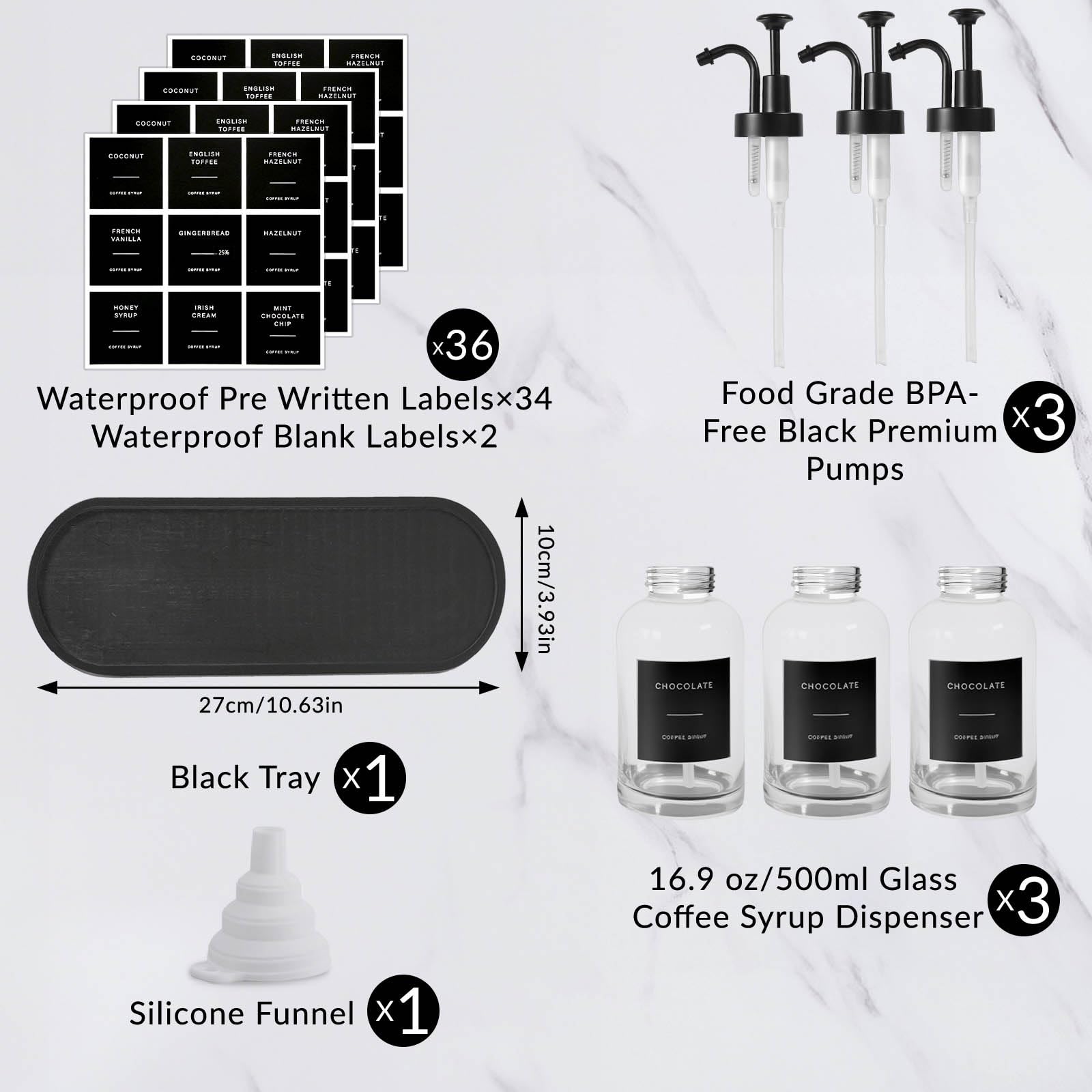 Sunal Kaffee Sirup Spender,Set of 3 Glas Sirup Spender,500ml/16,9 oz Schwarz Honig Pump Flasche mit 36 Wasserdichten Etiketten,1 Tray und 1 Silikon Trichter für Küche Kaffee Bar