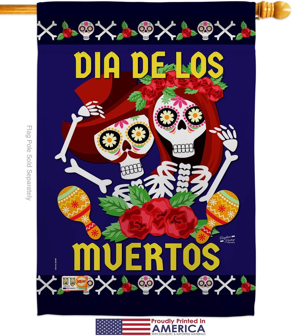 Dia De Los Muertos Pair House Flag Falltime Day of Dead Fiesta Mexican Party Autumntime Small Decorative Gift Yard Banner Made In USA 28 X 40
