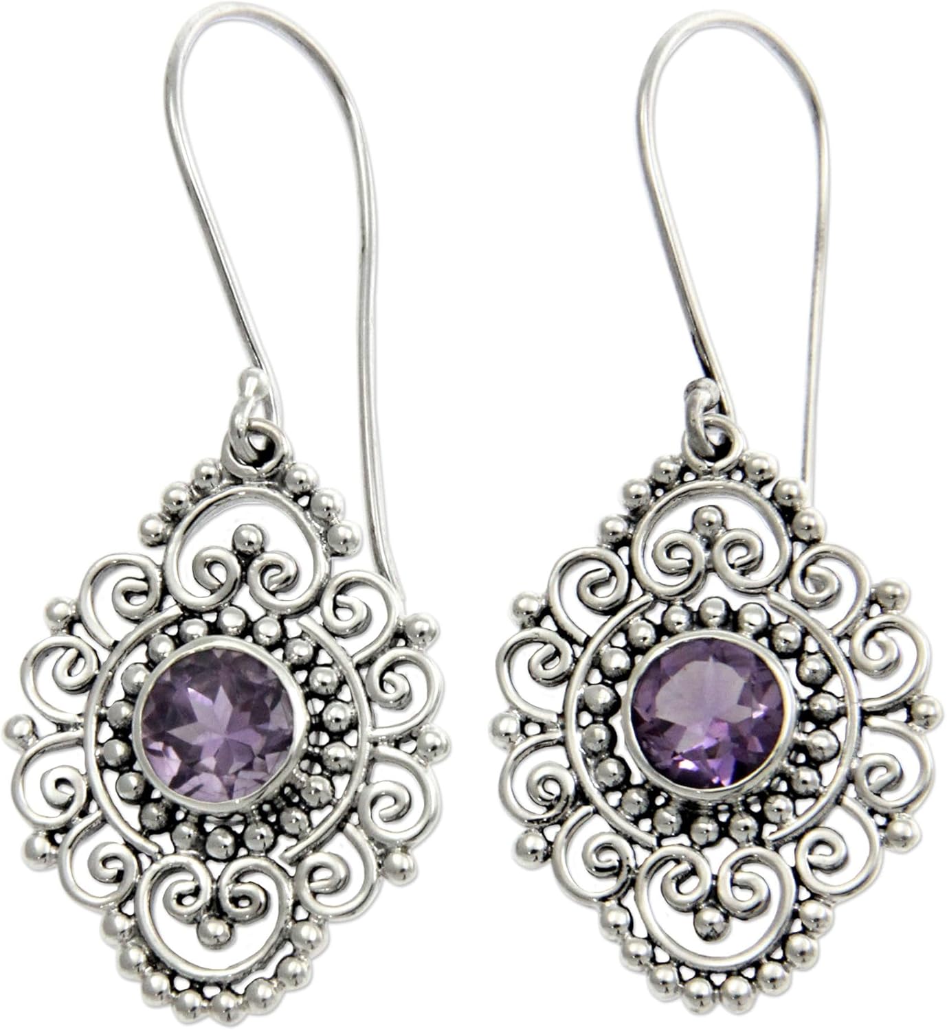 NOVICA Artisan Handmade Amethyst Dangle Earrings Sterling Silver Purple Filigree Indonesia Radiant Orchid Birthstone [1.7 in L x 0.7 in W x 0.2 in D] ' Royal Medallion'