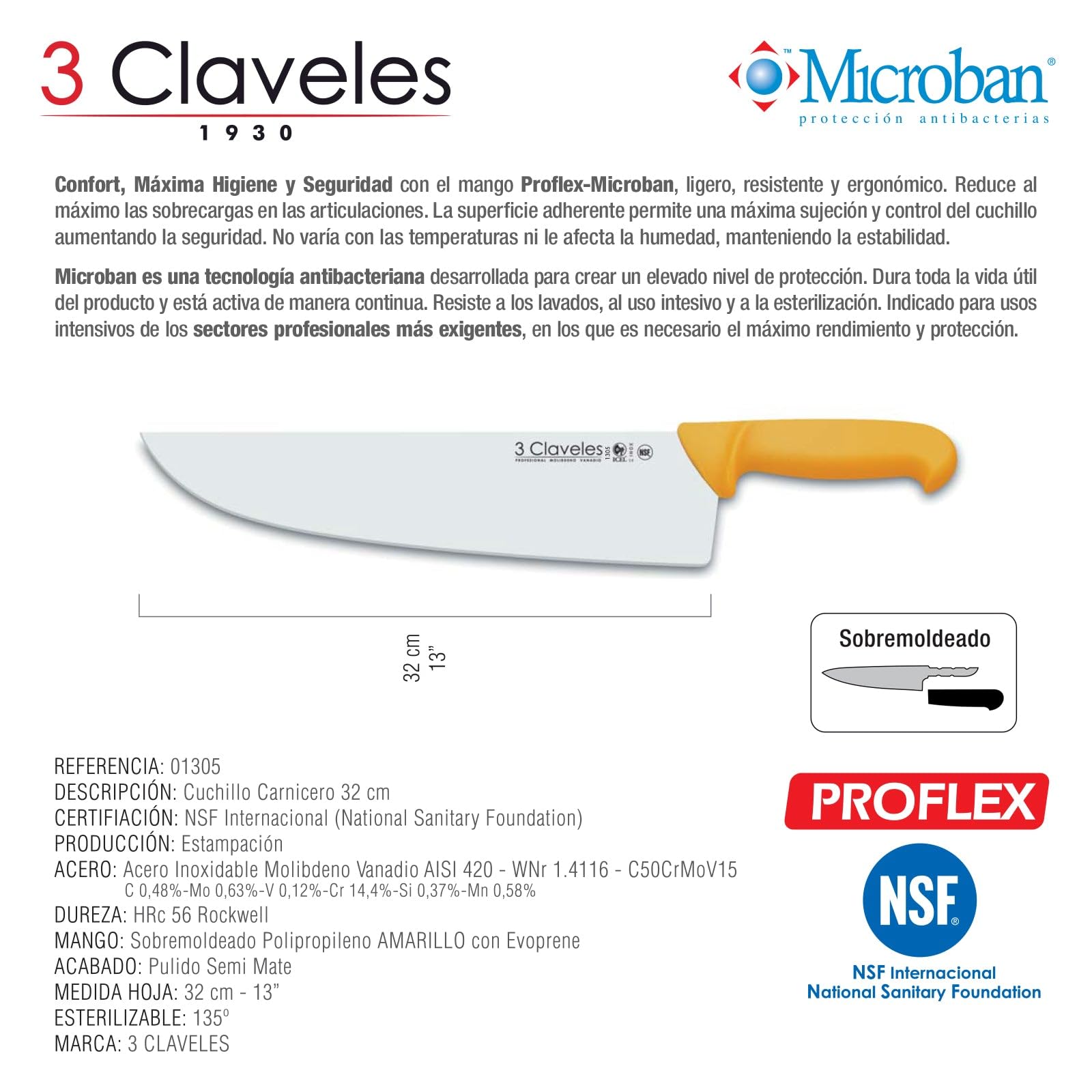 3Claveles 1305 - Cuchillo carnicero ancho, 32 cm, 13 pulgadas