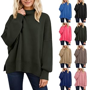 Womens Crew Neck Sweater Side Split Hem Oversized Pullover Sweaters Long Sleeve Ribbed High Neck Casual Sweater