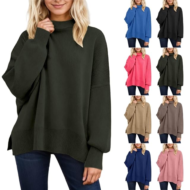 Womens Crew Neck Sweater Side Split Hem Oversized Pullover Sweaters Long Sleeve Ribbed High Neck Casual Sweater
