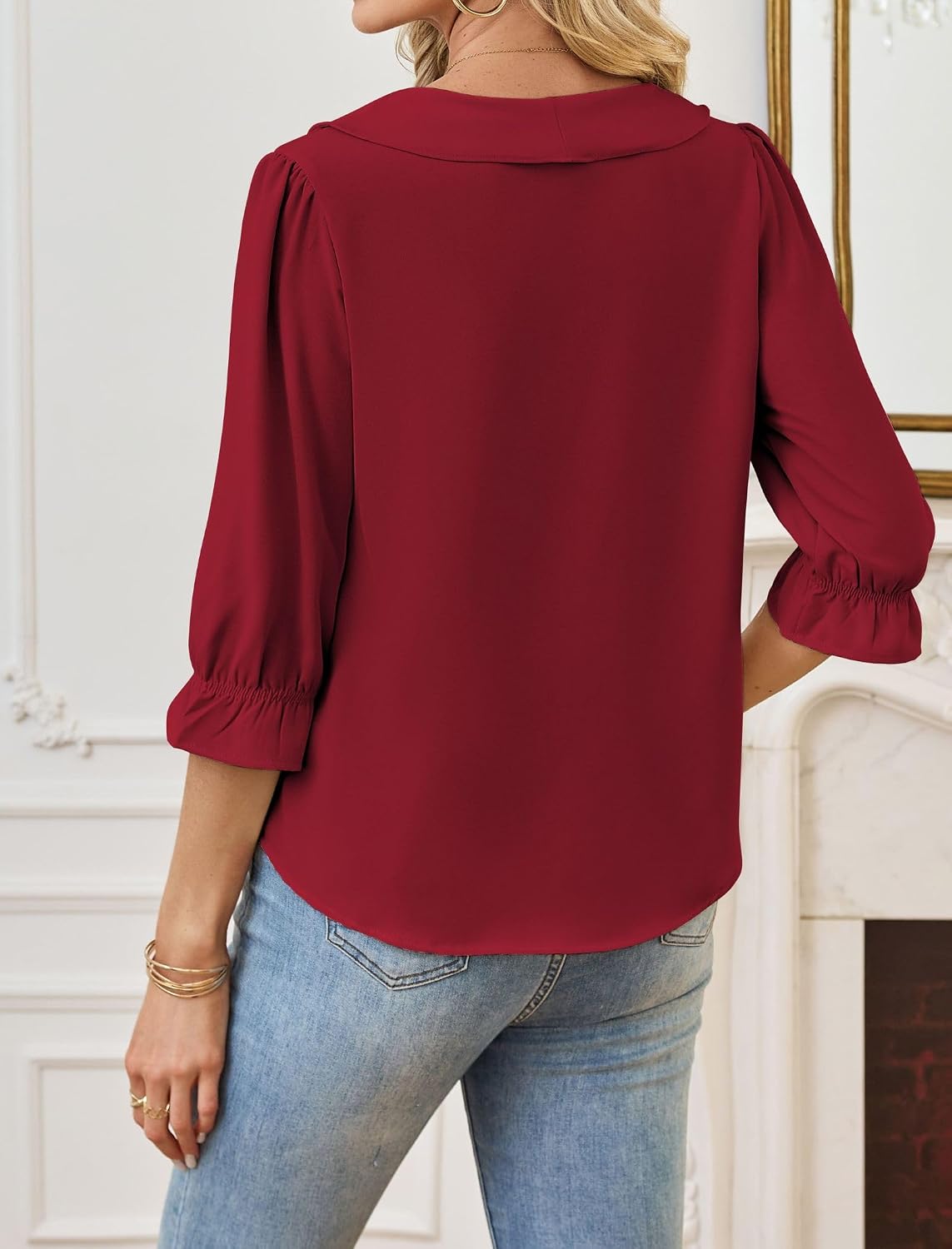 Theenkoln Womens Victorian Ruffle Blouse:3/4 Ruffle Sleeve V-Neck Business Casual Tops Summer Trendy Fashion Work Shirt