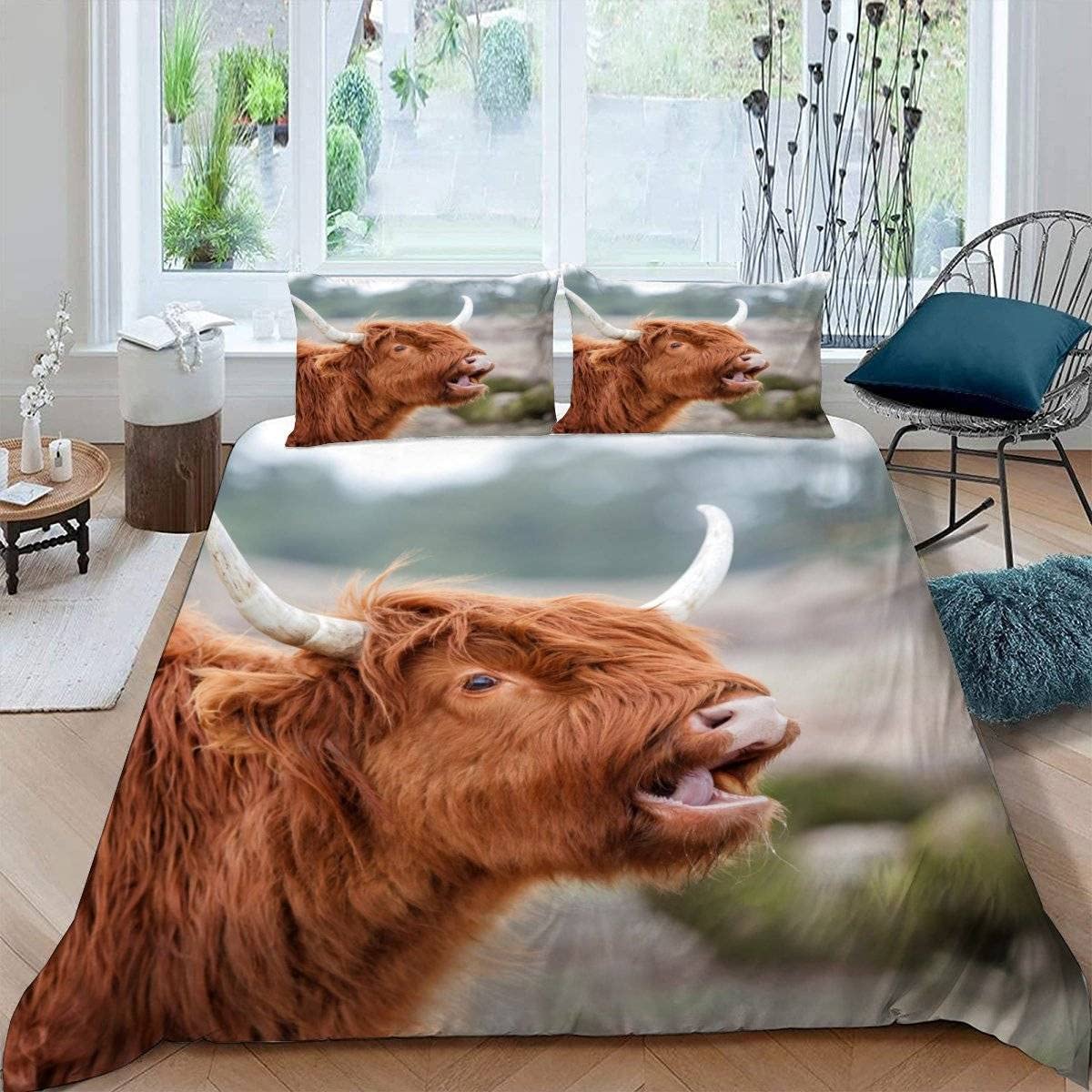 RFFLUX 3D Highland Cattle King size Bedding Sets 3 Pieces 220x230 Ultra Soft Microfiber Farm Animals Cow Duvet Cover with Zipper Closure Easy Care Quilt Cover with 2 Pillowcase for Adults Room Decor