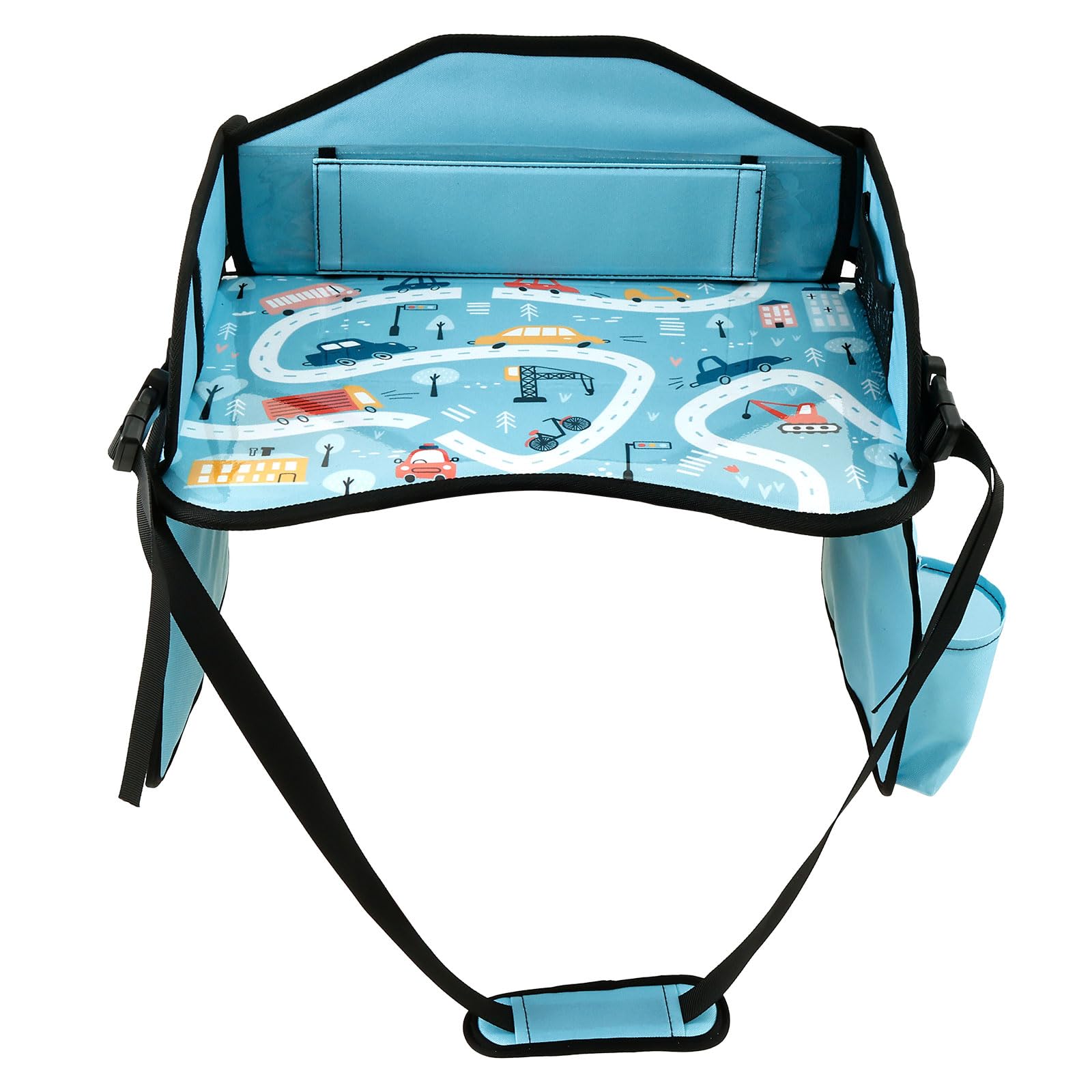 Plateau de voyage pour enfant - 43,5 x 33 cm - Avec bandoulière - Poches latérales - Pliable - Siège enfant - Table de voyage - Siège auto - Pour voyage d'enfant - Bleu
