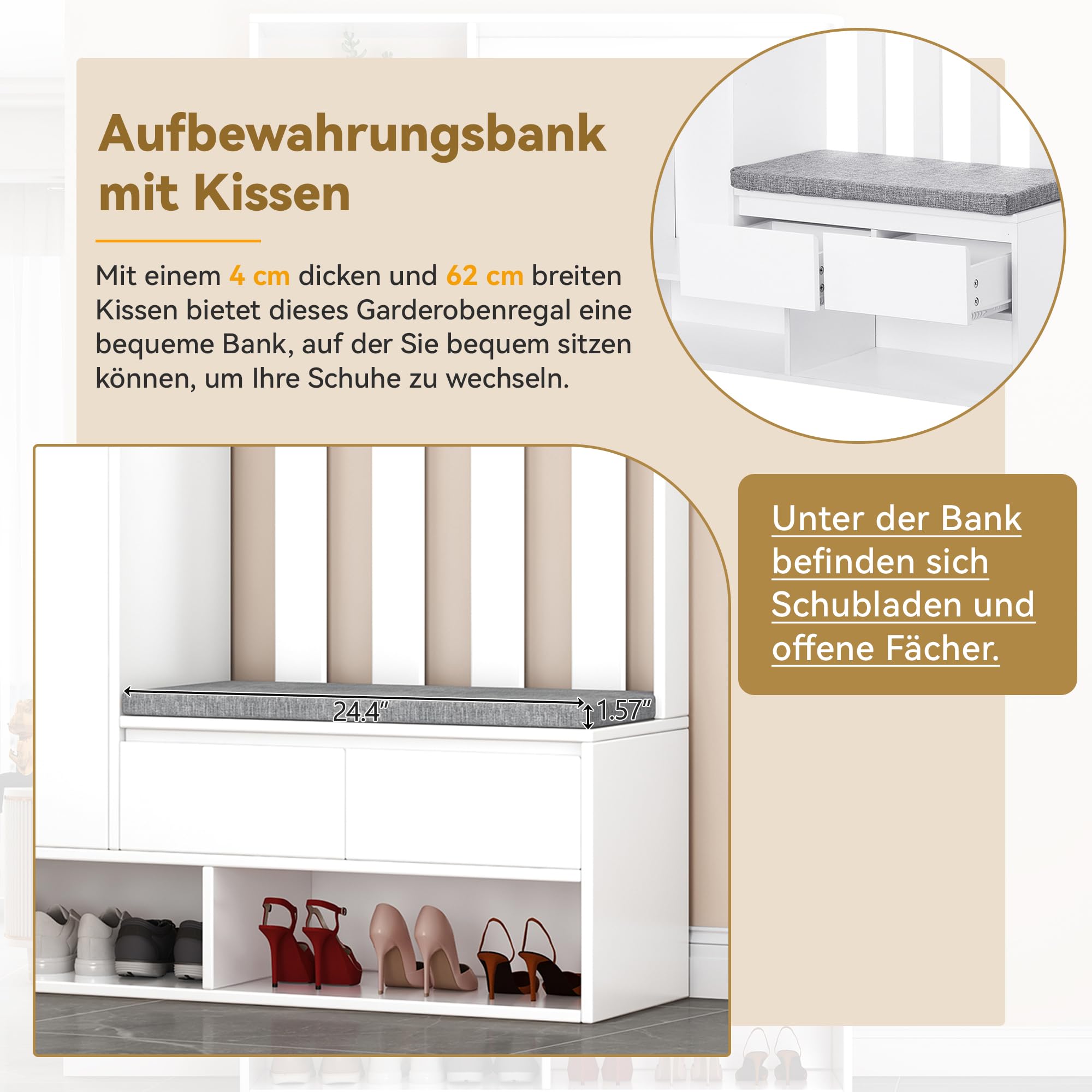 Merax Flurgarderobe Garderobenset mit Sitzbank Schuhschrank Stecktafel 4 Haken 100x180 cm Weiß