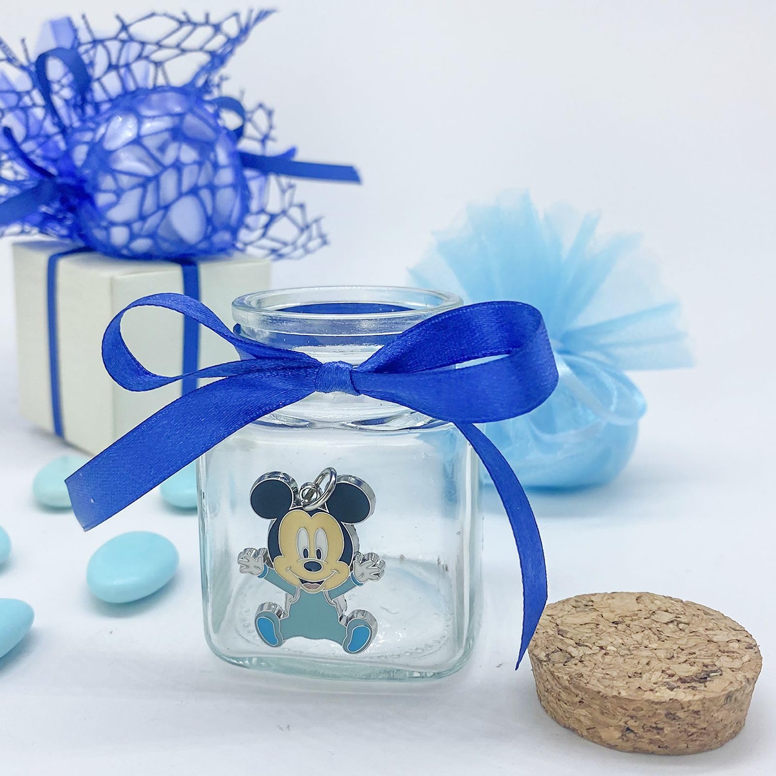 Doni Bomboniere 10 Vasetti in Vetro portaconfetti con Applicazione Disney di Topolino. Bomboniere Utilizzabile per Compleanni, Battesimi, confettate Nascita per Un Bimbo. Fiocco a Scelta.