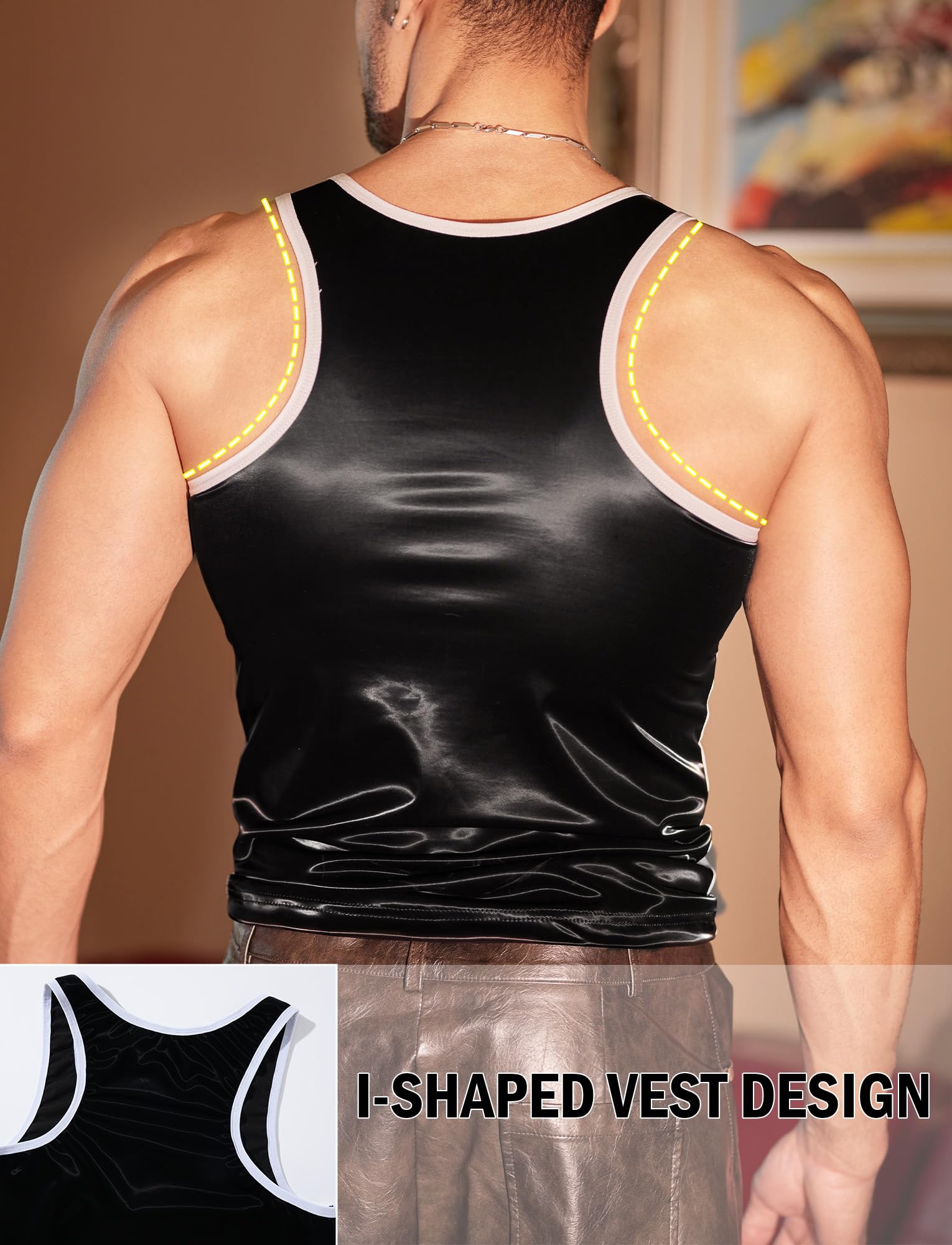 FEOYA Débardeurs sans manches pour hommes en cuir PU Muscle Fit Gilet Hauts Hommes Sexy Similicuir effet mouillé Chemises Quotidien Sport Vêtements de nuit Gilets