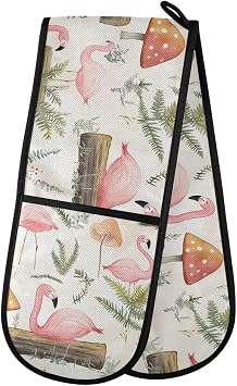 Double Oven Mitts Connected Flamingo Mushroom Tropical Heat Resistant Long Oven Glove for Cooking Grilling Baking Barbecue 7" x 35"