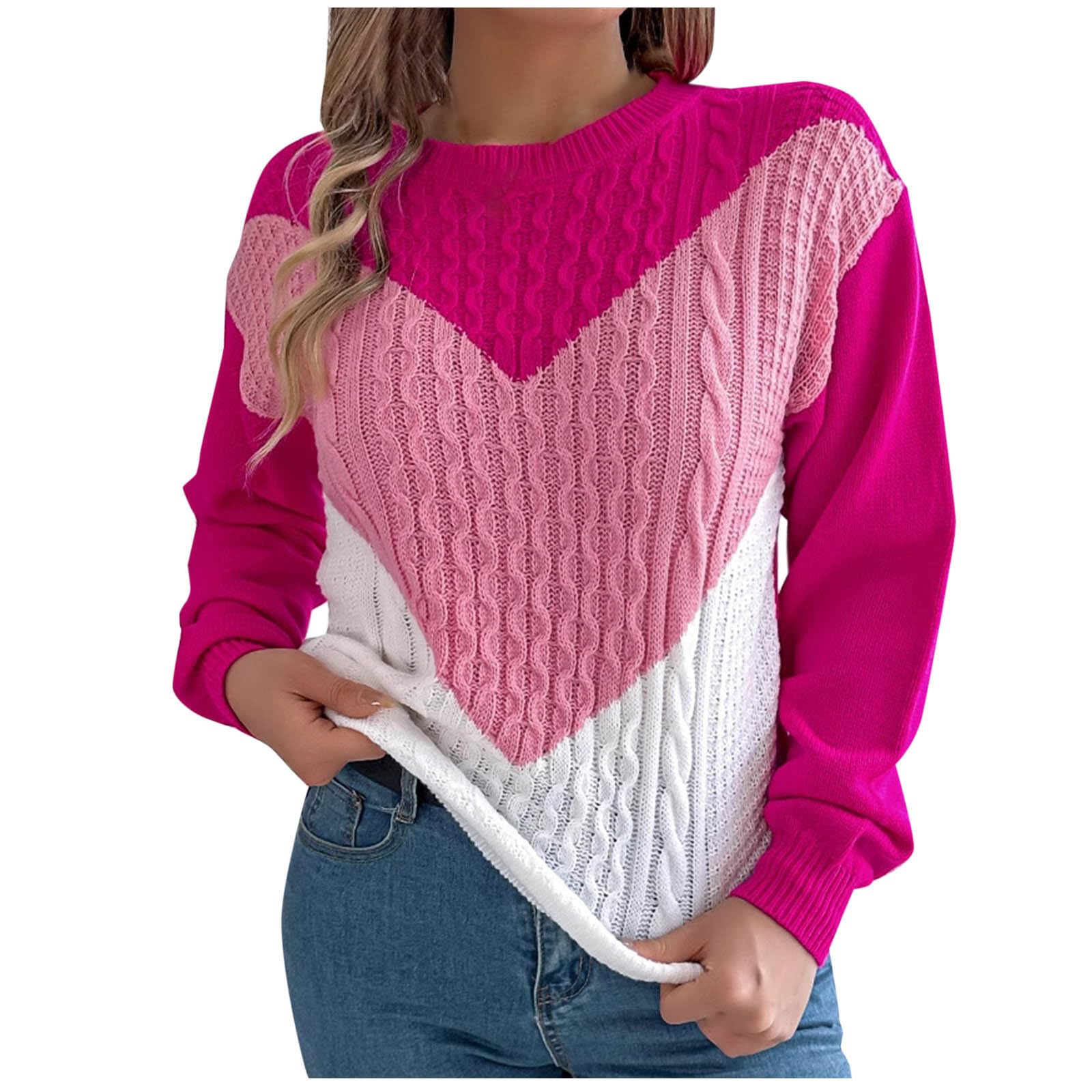 Knitting Cotton Sweaters for Women Casual Fall Long Sleeve Pullover Tops Color Block Textured Sweater Shirts Top