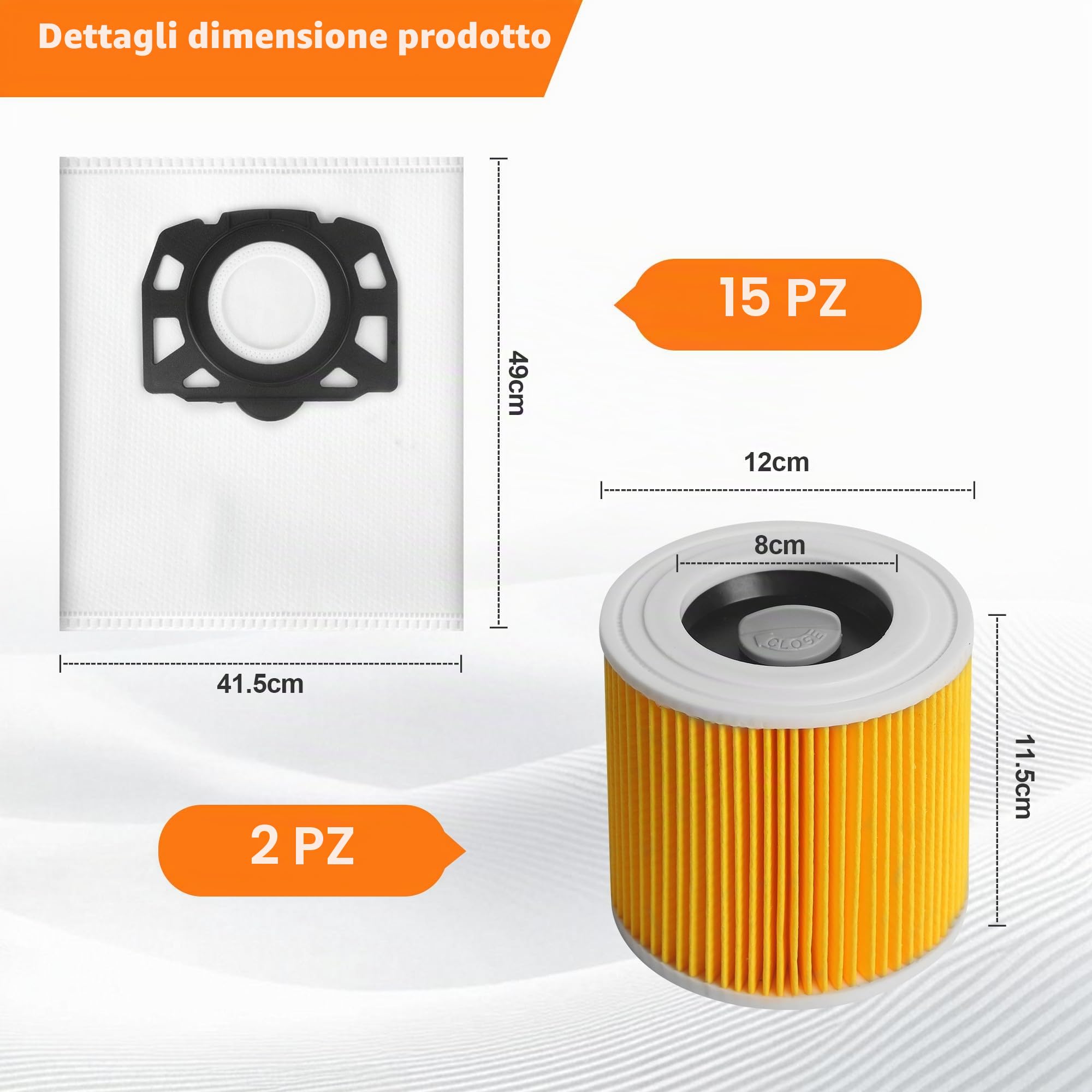 15 pezzi per Kärcher KFI 357 Sacchetti per Aspirapolvere +2 Filtri +2 Spazzole per Filtri Ricambi per Kärcher WD2 Plus, WD2, WD3, SE4002, SE4001 KWD1-3 WD3.200, 2.863-314.0