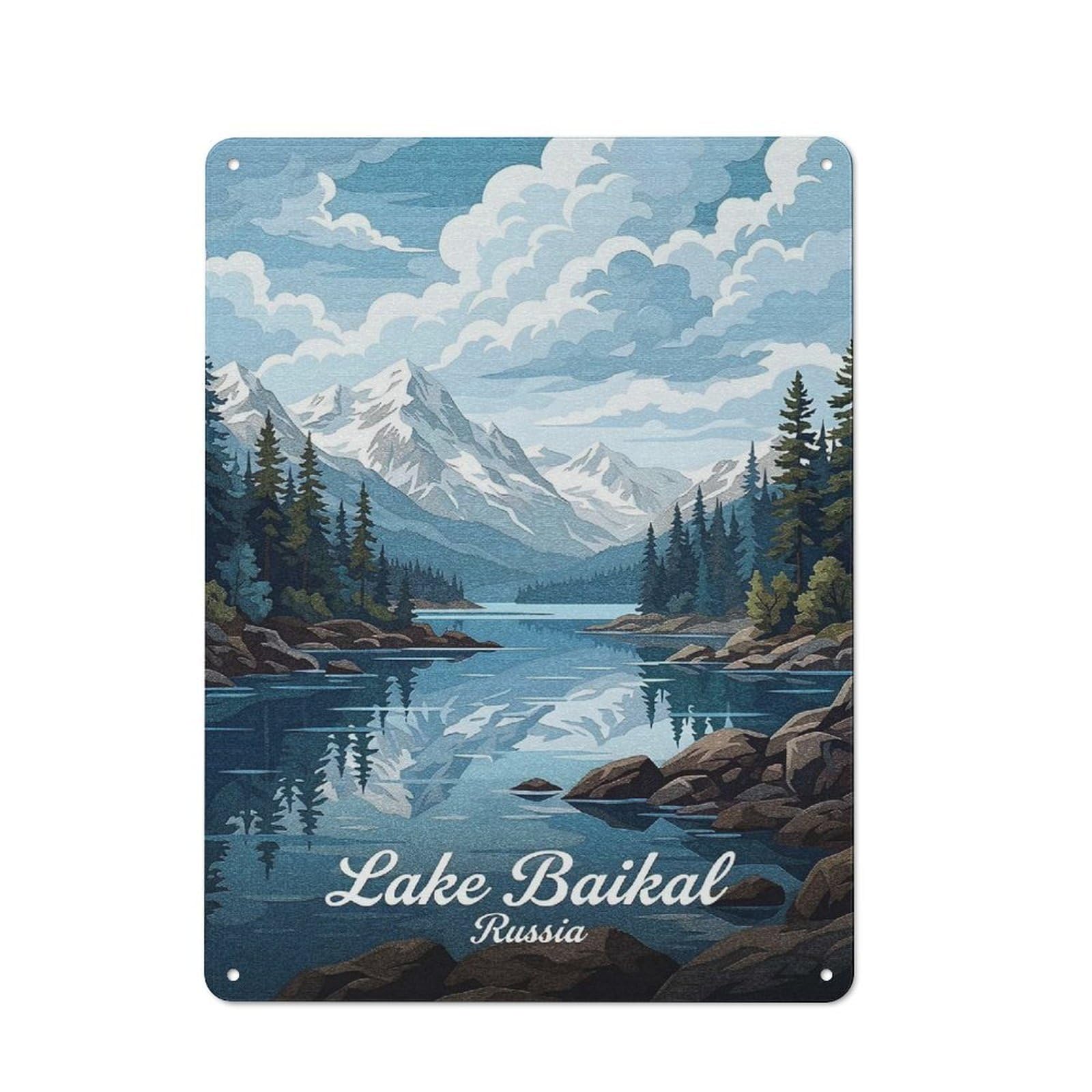 Metal Wall Plaque with Lake Baikal, Russia Landscape Art Design 40x30cm, Simple Retro Studio Wall Plaque for Hobby Room, Office, Lounge Or Living Room