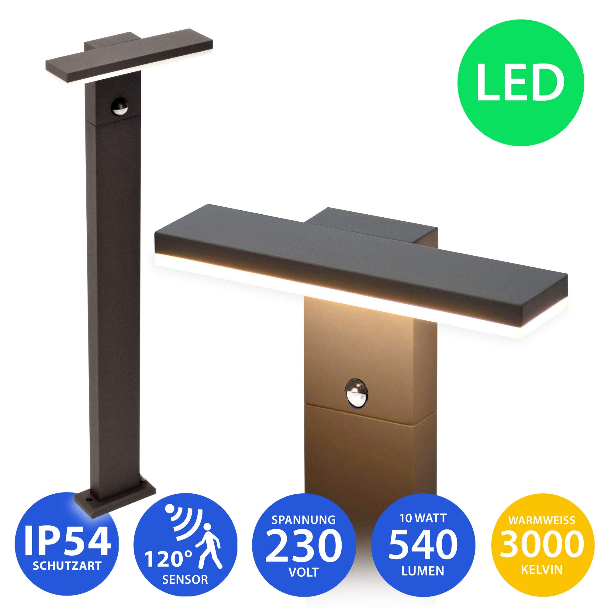max K O M F O R T LED Standleuchte mit Bewegungsmelder Pollerleuchte Wegeleuchte 10W - 78cm hoch - warmweiß - Anthrazit 17504-800 (Pollerleuchte schwarz mit Bewegungsmelder)