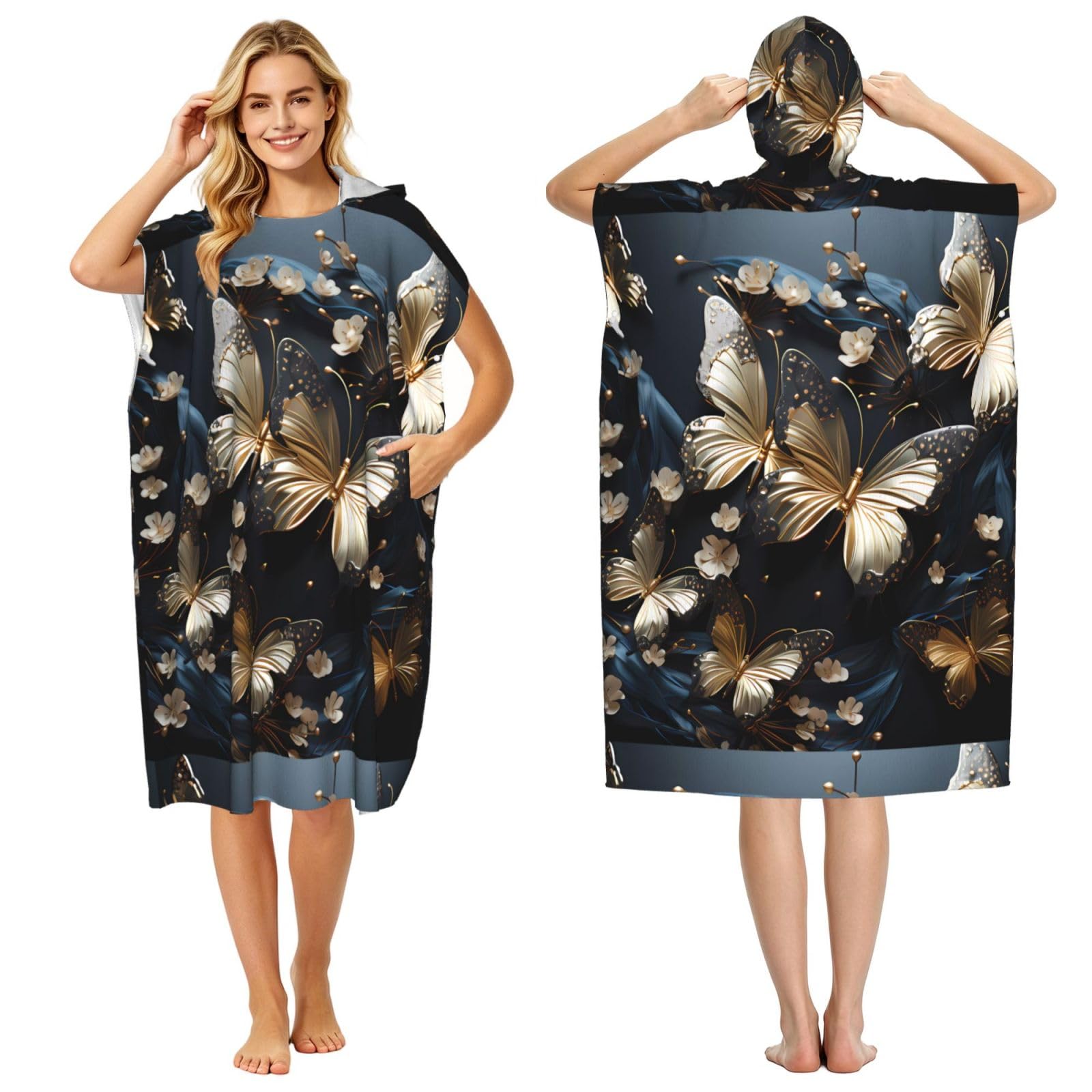 WSSYYBFGold White Butterflies Black Adult hooded beach towel Oversized with Hood for Absorbent Quick Dry