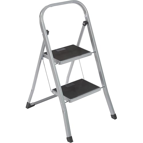 Axentia 2 Step Ladder, Heavy Duty, Portable Folding Ladder, Steel Step Ladder Stool, Non-Slip Steps, 150kg Capacity, Stepladder Handrail, Approx. 46 x 55 x 81 cm, Silver-Black