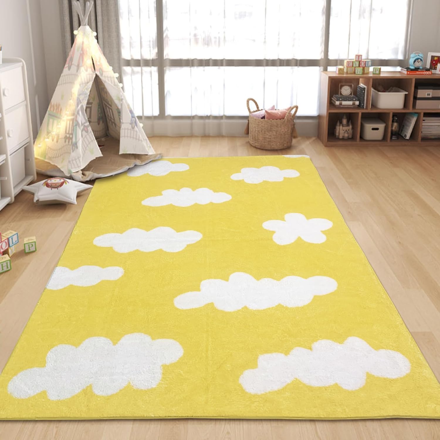 USTIDE Tapis en peluche super doux et moelleux à motif nuages mignons pour chambre d'enfant, salle de jeux, salle de classe, chambre à coucher, salon - Jaune - 120 x 180 cm