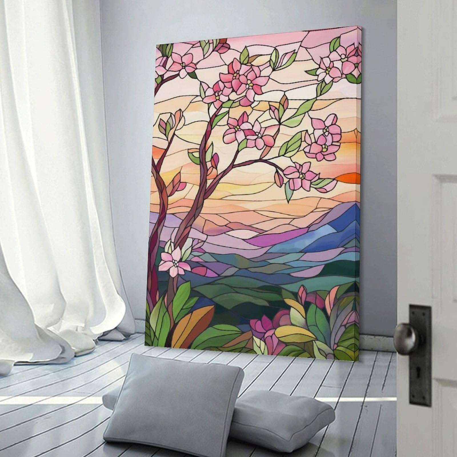 Junmoney Stained Glass Sunset Landscape(2) Hanging Wall Art, 20x30inch(50x75cm), for Bedroom Walls, Guest Spaces Or Lounges, An Easy Wall Refresh for Bedrooms