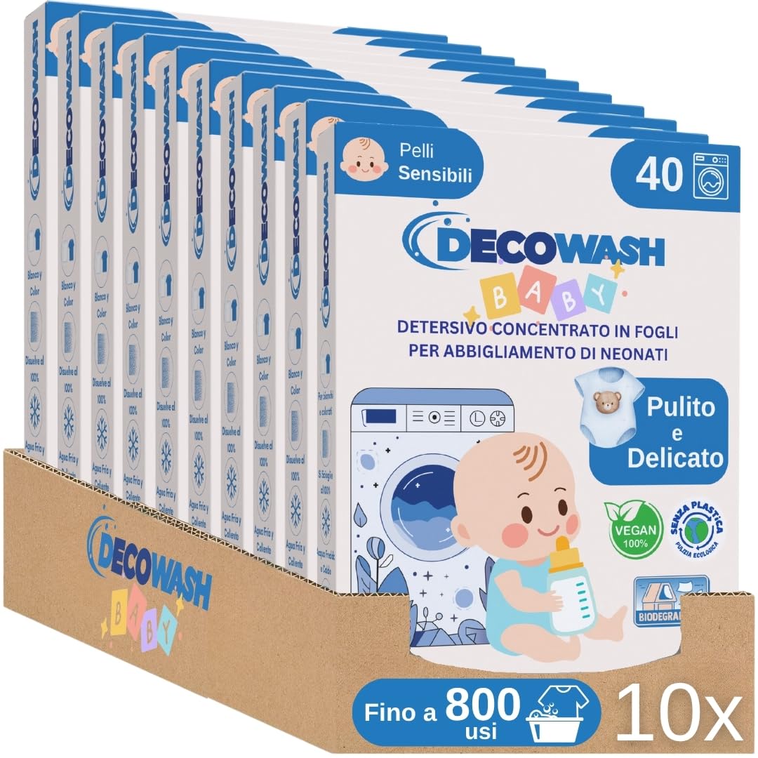 Detersivo in Fogli per Neonati (400 fogli, fino a 800 usi) - Senza Profumazione, Ipoallergenico, Biodegradabile, Vegano. Delicato su pelli sensibili, senza plastica. Confezione da 10 unità.