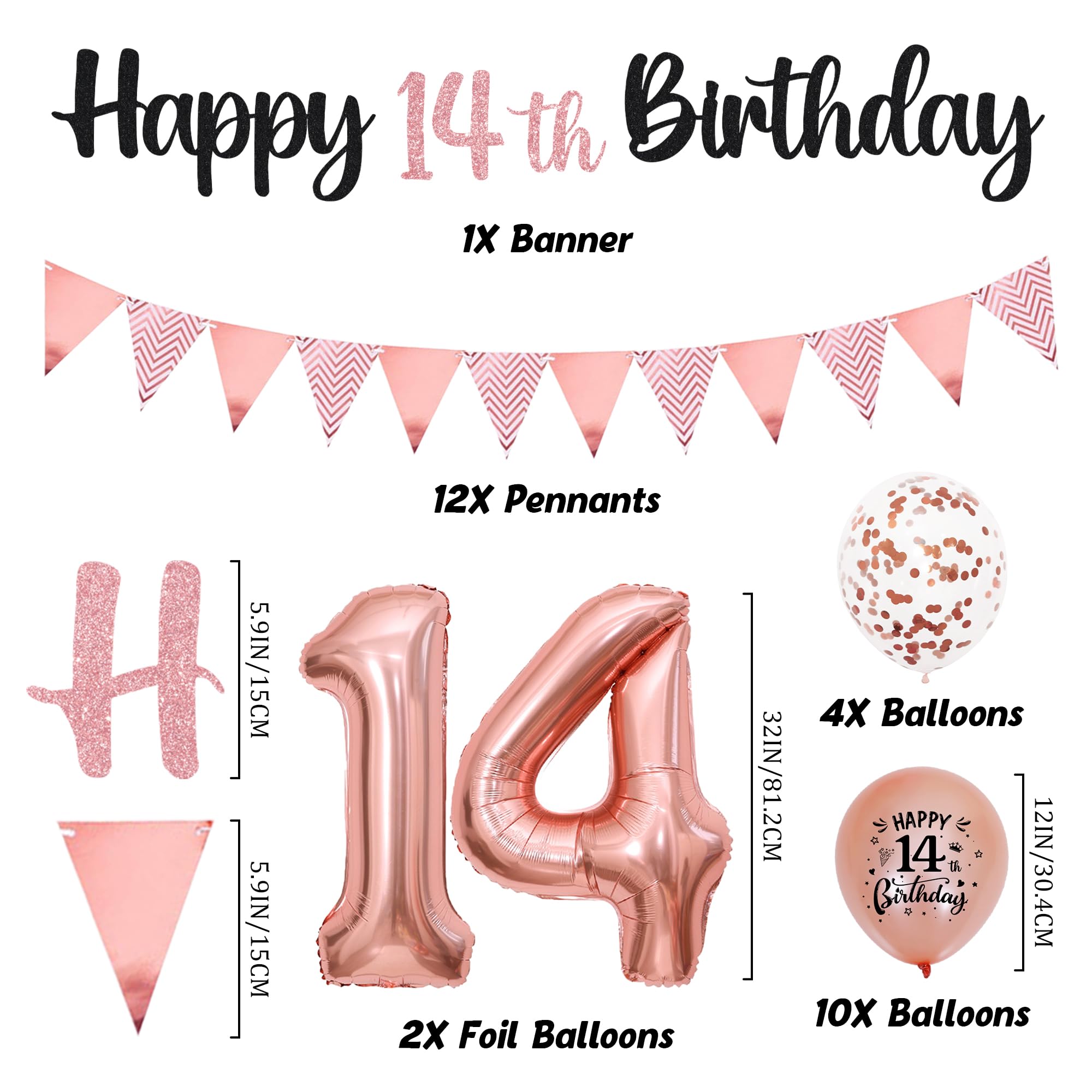 14th Birthday Decorations for Boys Girls - Black Rose Gold Glitter Happy 14th Birthday Letter Banner and Pennant Flags, Number 14 Foil Balloons and Hanging Swirls for 14 Years Old Children Party - 2