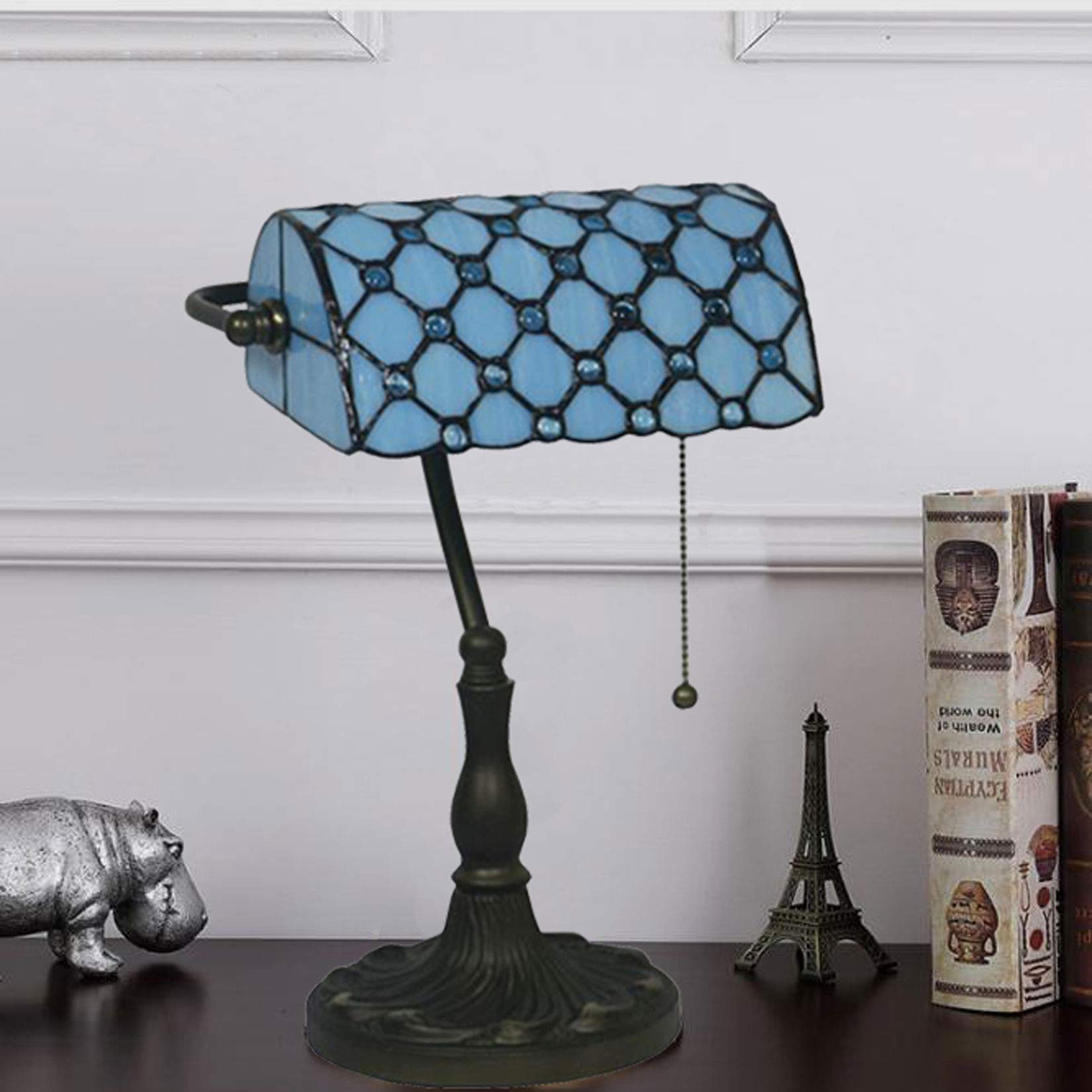 Lampa bankierska z witrażowym abażurem 25 cm z kryształowymi koralikami, lampa biurkowa w stylu vintage, do czytania, pracy, ręcznie robiony prezent, zielona niespodzianka (niebieska)