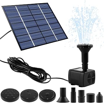 Solar Fountain Pump, 1.5W Solar Powered Water Pump with 3m Cable & 5 Nozzles, Separate Panel, Max. Head 110cm, 200L/H Submersible Floating Pump for Pond, Garden, Bird Bath, Fish Tank 1PCS