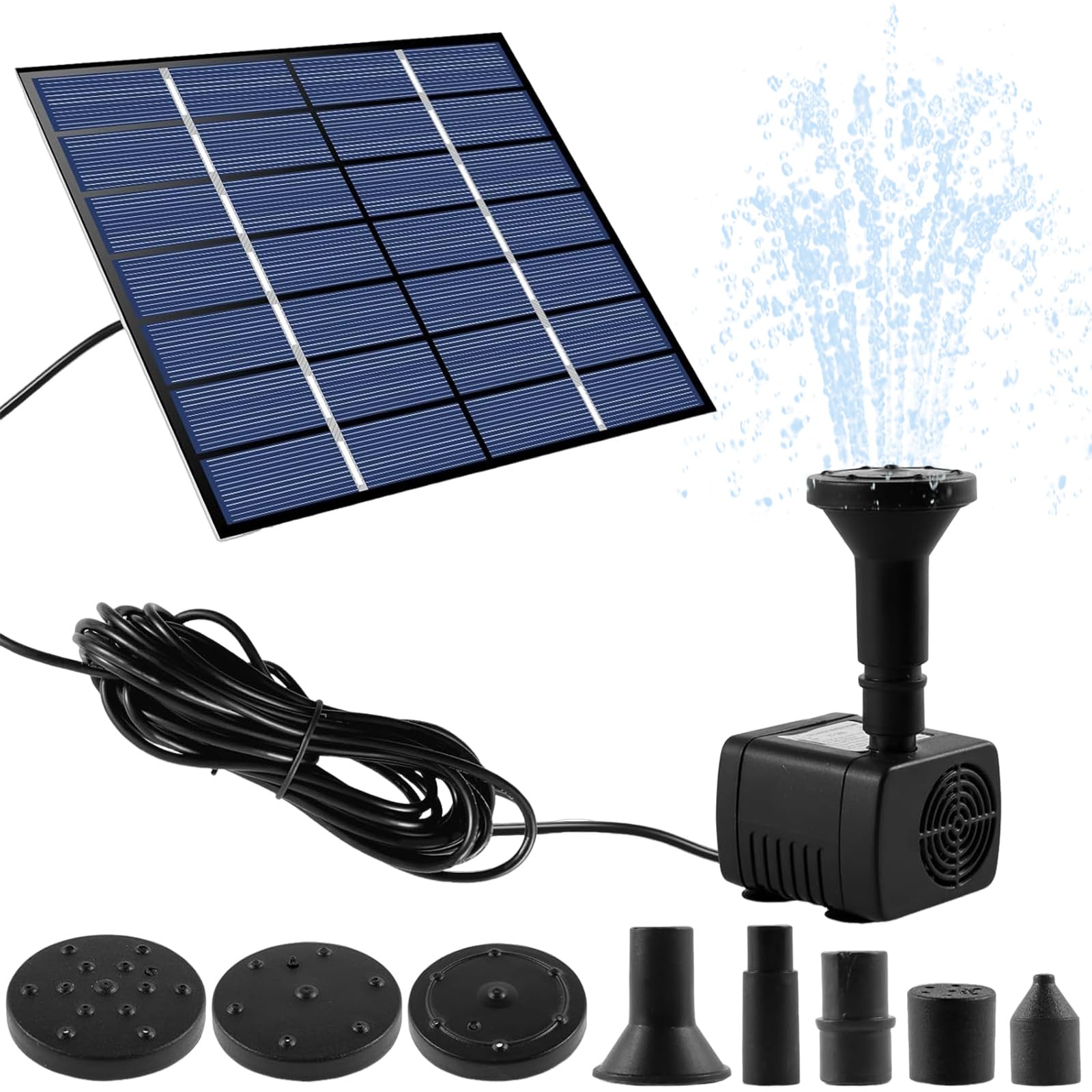 Solar Fountain Pump,Solar Fountain Pump Kit with Separate Panel,1.5W Solar Powered Water Pump,3M Cable & Nozzles for Bird Bath,Outdoor Pond,Patio Garden DIY and Fish Tank (1PCS)