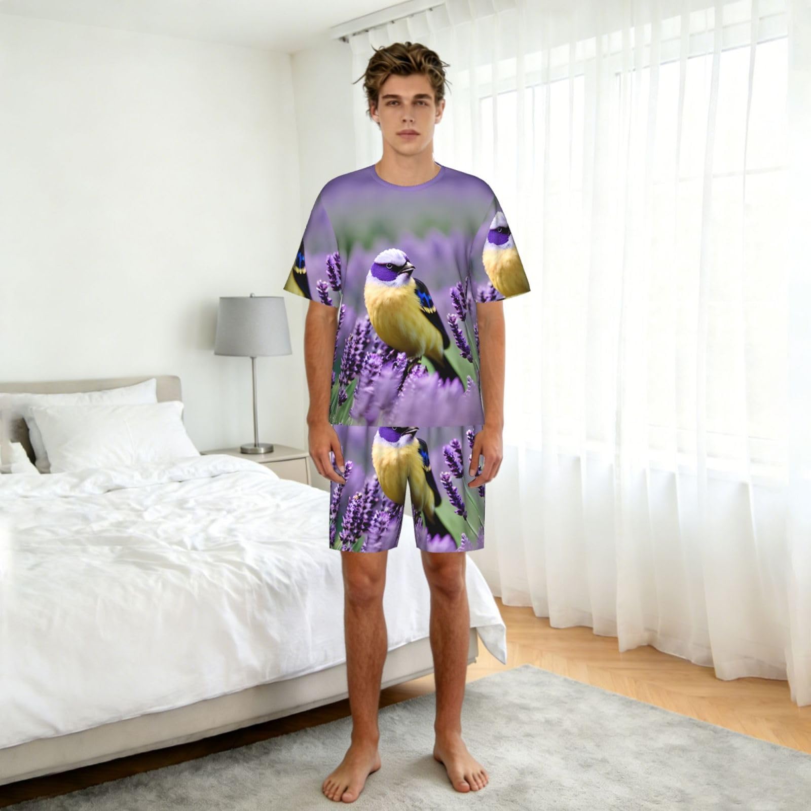 Conjunto de pijama clásico con estampado de flores florales de lavanda púrpura para hombre, pantalones cortos de pijama suaves para hombre, perfecto para las noches de verano