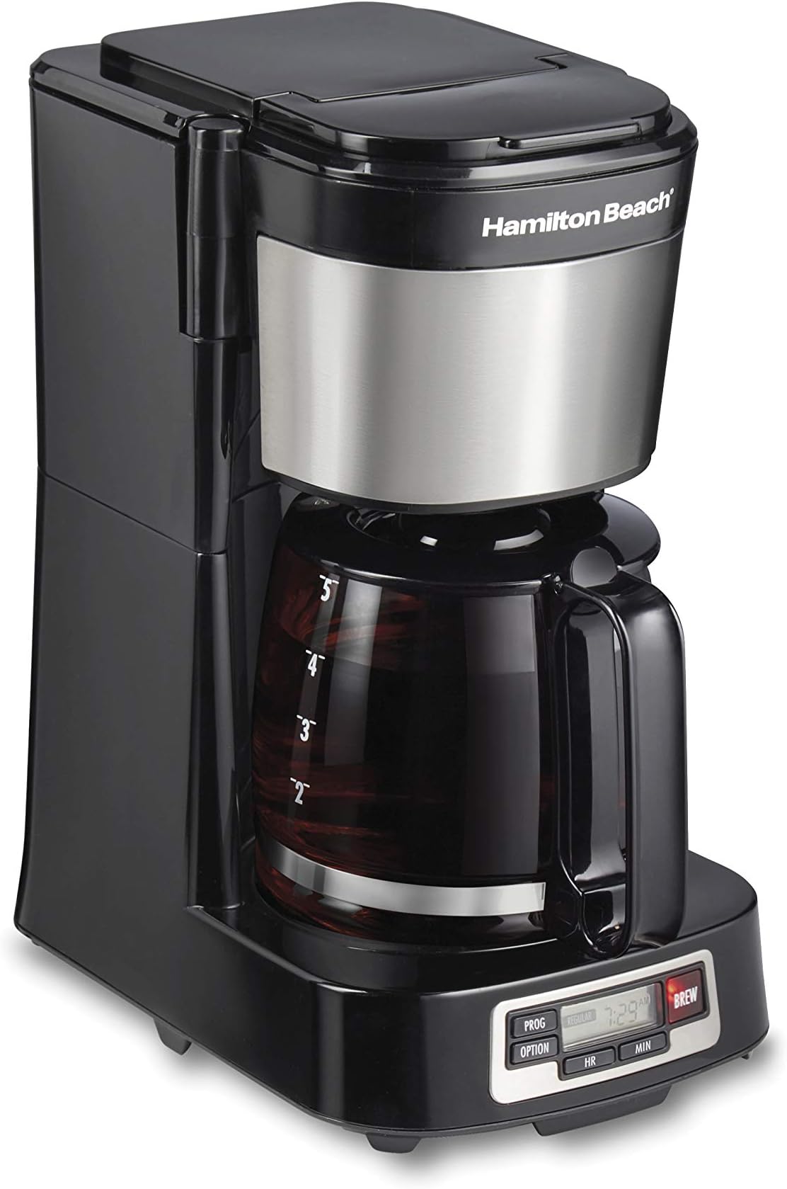 5 Cup Drip Coffee Maker with Easy FrontFill Basket, Compact Design, Programmable Clock, Glass Carafe, Auto Pause and Pour, Black & Stainless Steel (46111)