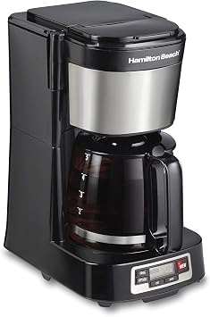 Hamilton Beach 5 Cup Drip Coffee Maker with Easy FrontFill Basket | Compact Design | Programmable Clock | Glass Carafe | Auto Pause and Pour | Black & Stainless Steel | 46111