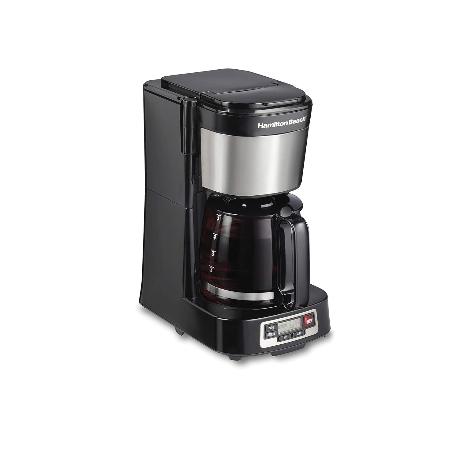 Hamilton Beach 5 Cup Drip Coffee Maker with Easy FrontFill Basket Compact Design Programmable Clock Glass Carafe Auto