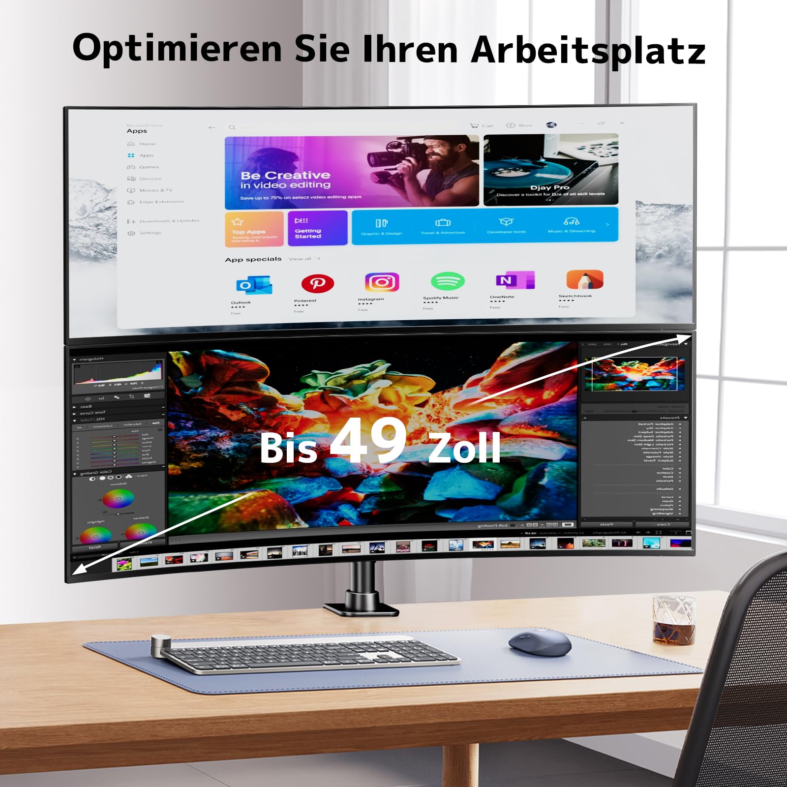 Monitor Halterung 2 Monitore übereinander – Höhenverstellbarer Dual-Arm Ständer für 17-49 Zoll Flach & Curved, bis zu 20 kg pro Arm, VESA 75/100 mm (Schwarz)