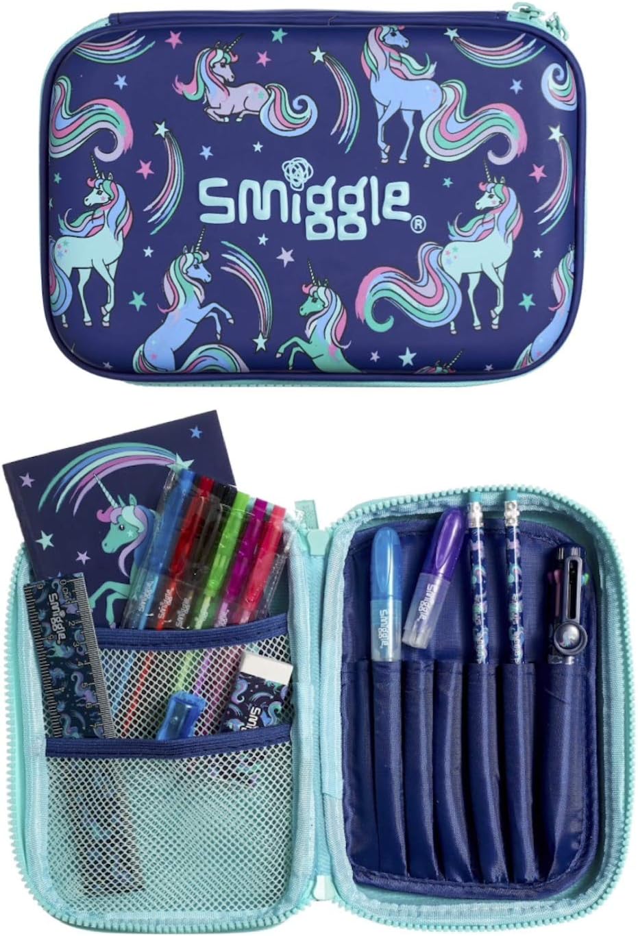 Smiggle Hardtop Pencil Case Stationery Set Good Vibes (Unicorns Navy