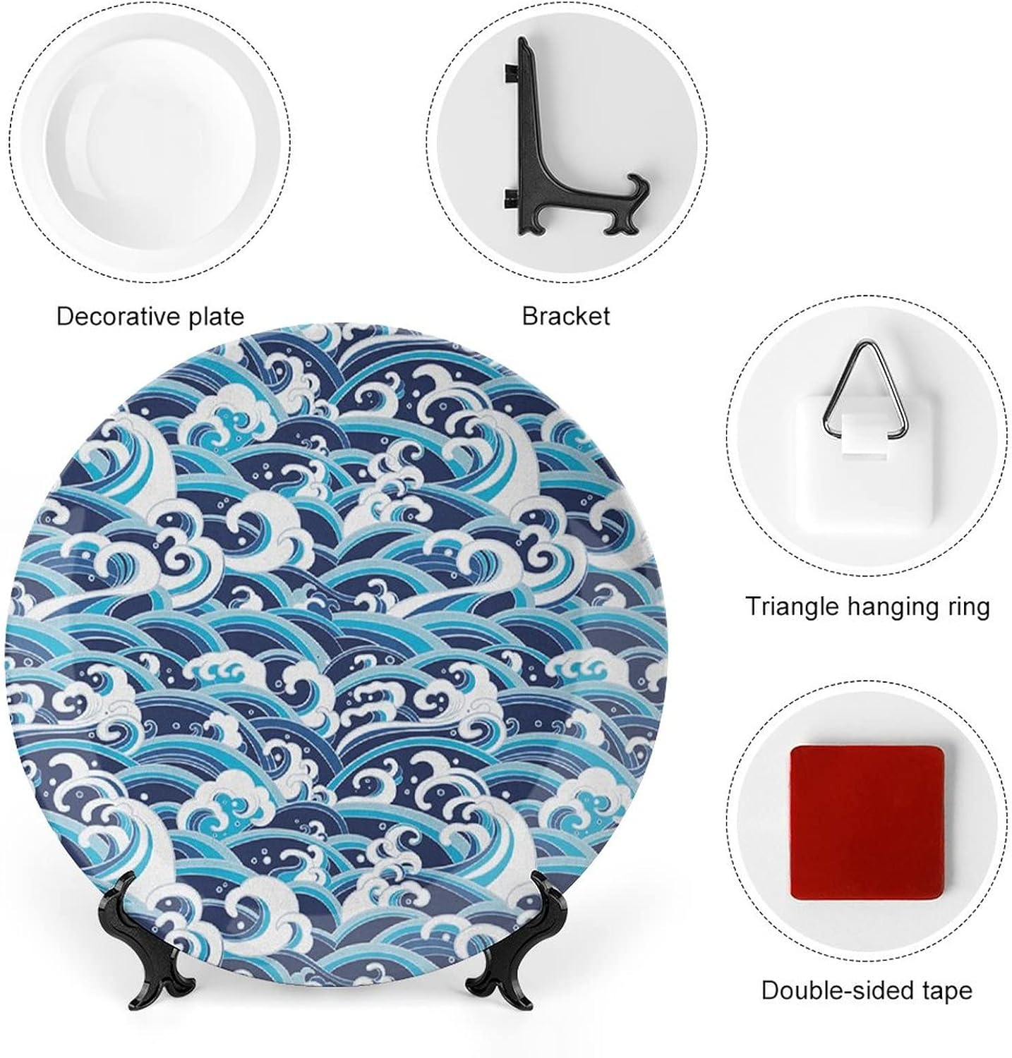XISUNYA 10 Inch Decorative Plate, Japanese Wave Ceramic Plate, Traditional Eastern Pattern with Waves of Water Print Ceramic Wall Hanging for Home Office Party Dinner Table Decor