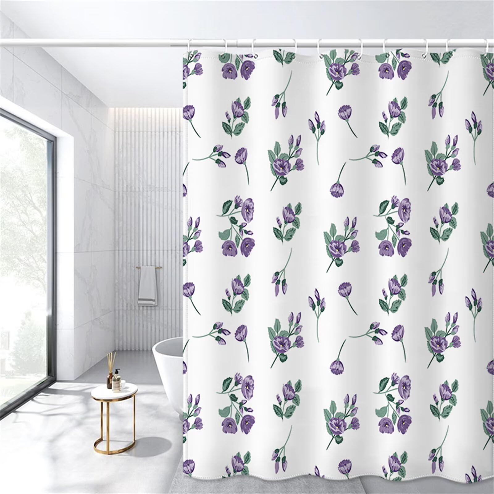 Rideau Douche Vert Motif, Violet Rideau de Douche 180x240 cm, Polyester Shower Curtain Lavable Imperméable Tissu, Séchage Rapide, avec 12 Plastique Crochets pour Famille Hôtel Baignoire Decor YL-271