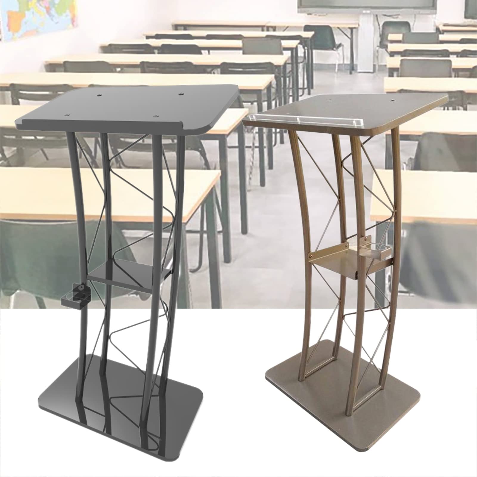 Leggio curvo per podio, 119,4 cm di altezza, inclinato, portatile, in metallo/legno, per discorsi e cerimonie in chiesa, elegante design nero