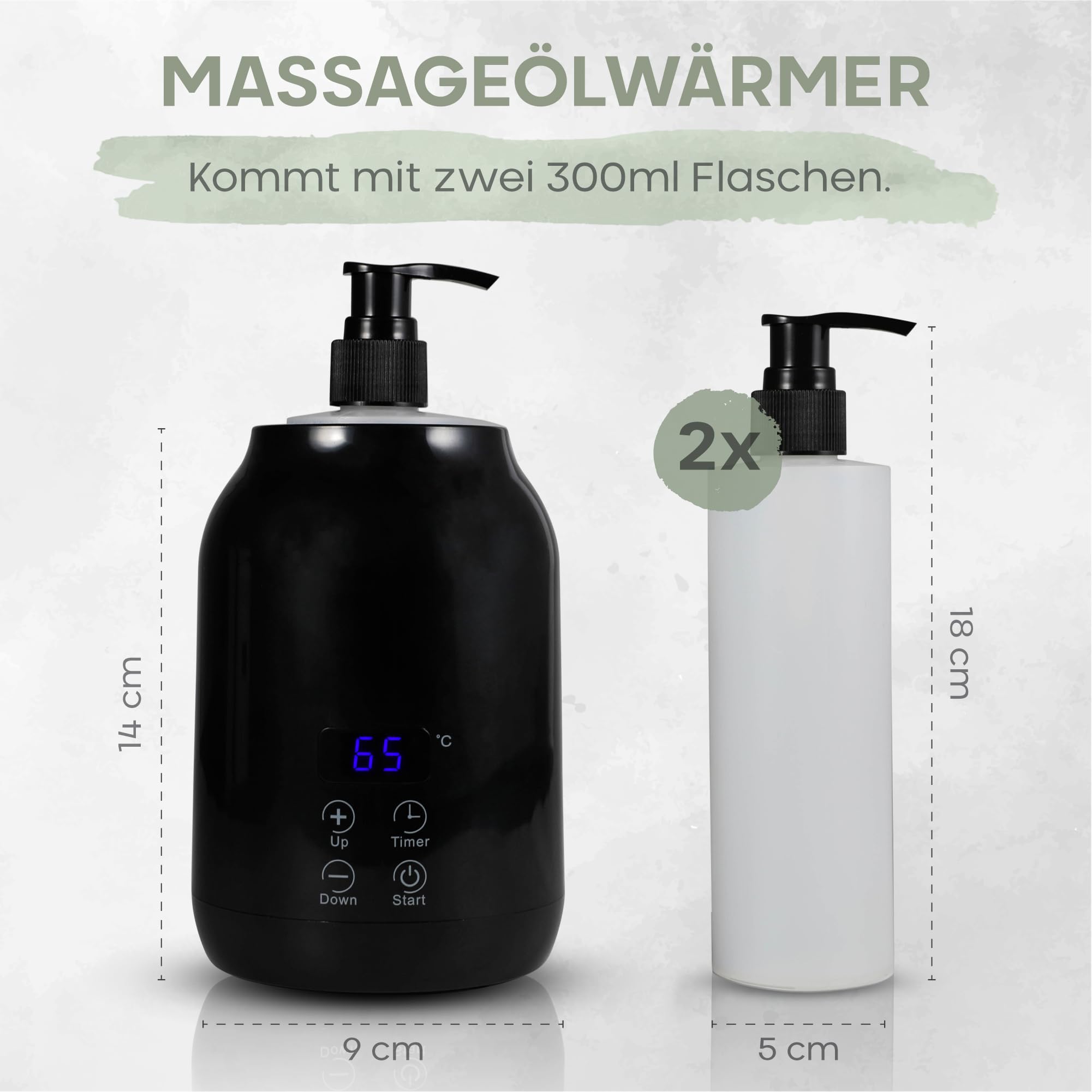 Scaldaolio da Massaggio | Bottiglia di Plastica Esterna (2x) | Per Olio da Massaggio e Oli Essenziali | Einstellbare Temperatur (30-65 Grad) | Massaggio Benessere e Relax | Scaldino Elegante (Nero)