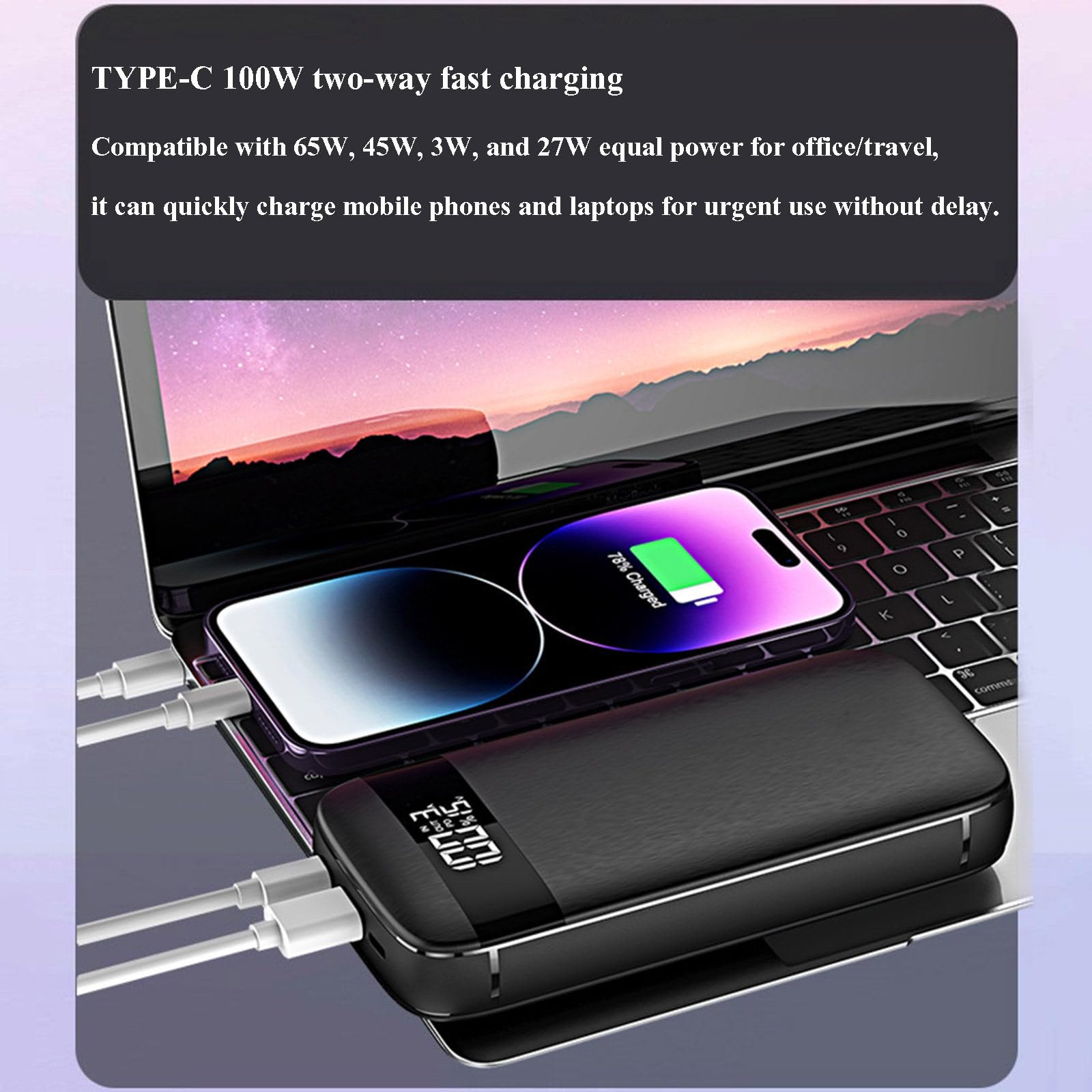 Power Bank a Ricarica Rapida PD100W 20000 mAh Portatile di Grande capacità Adatto per caricare Laptop, telefoni cellulari e Tablet,Black