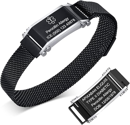 MEALGUET Pulsera de alerta médica para hombres banda de malla de acero inoxidable grabado personalizado pulsera de identificación médica de