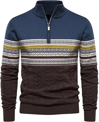 Mens Quarter-Zip Up Pullover Sweater Striped Slim Fit Sweater Casual Lightweight Warm Long Sleeve Mock Neck Sweater