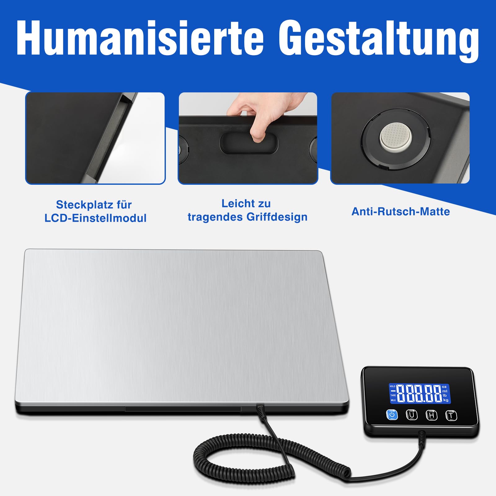 Paketwaage 300kg Plattformwaage 20g Genauigkeit LCD Hold Tara Funktion Batterien Typ-C