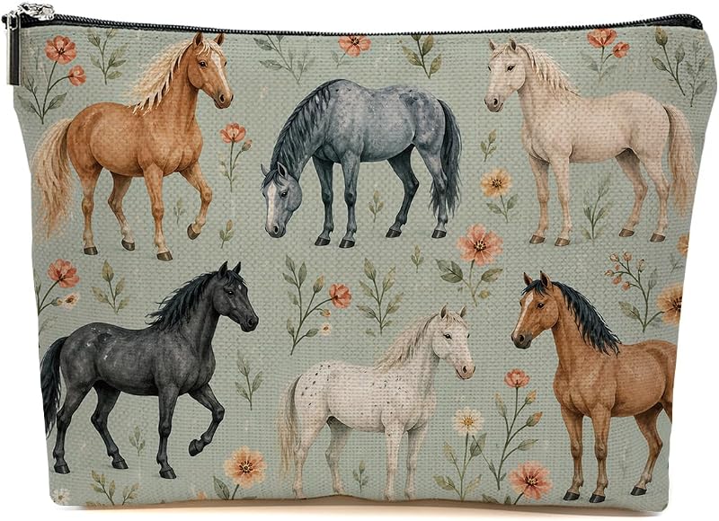 Necessaire de maquiagem JIUWEIHU com estampa de cavalos e zíper