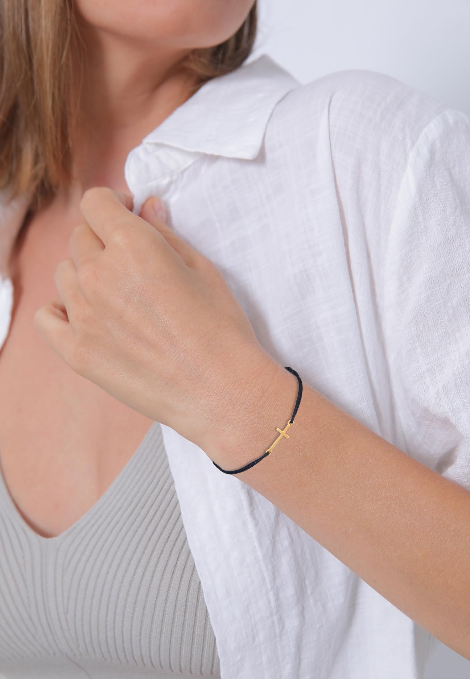 Elli Bracciale Donne Croce Simbolo Tendenza Elastico Nylon Nero in argento sterlino 925