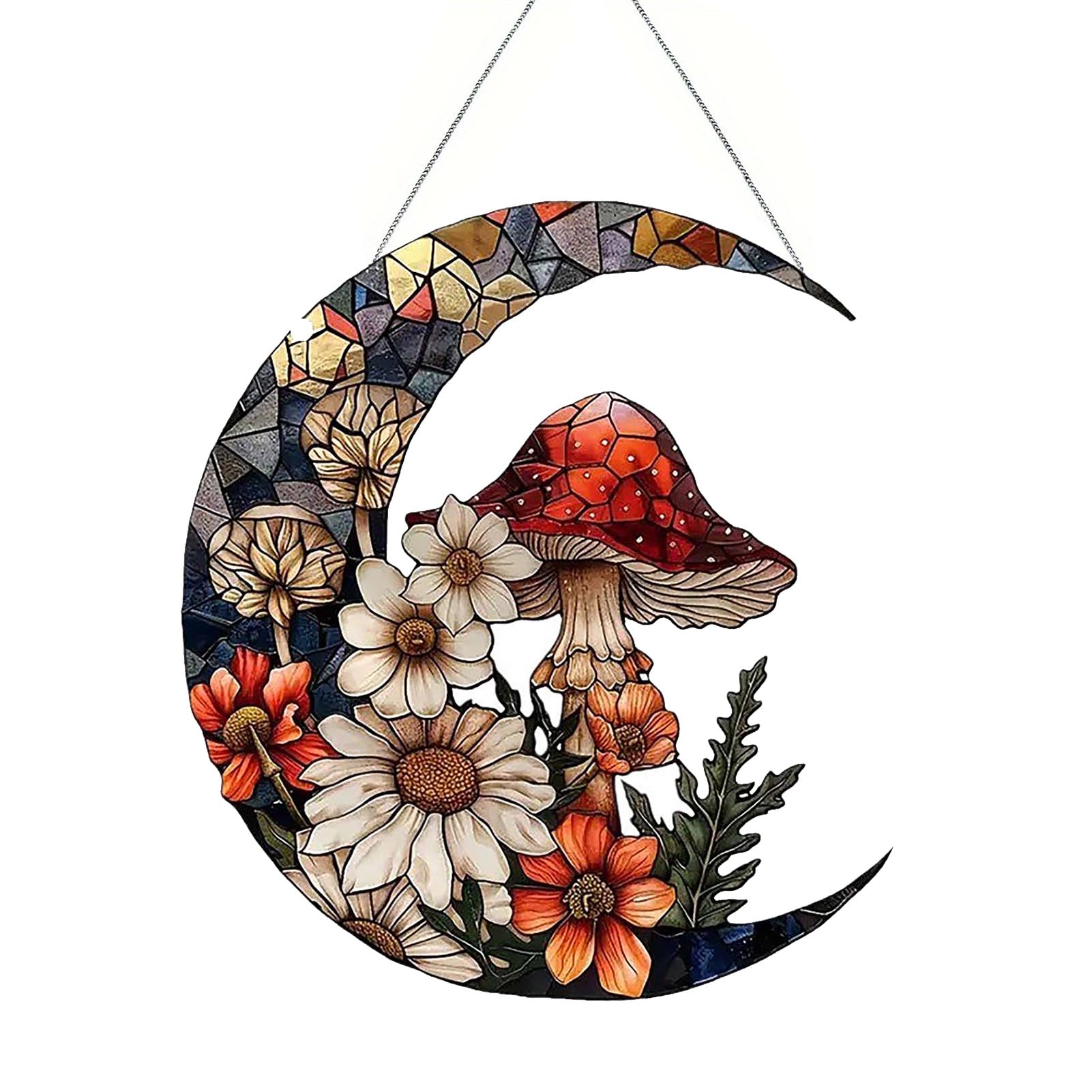 Marooma Moon Mushroom Wall Hanging Ornament, 5.9 Inch Acrylic Stained Panel Hanging Decor, Handcrafted Sun Catchers Indoor Wall Decor, Garden Decoration or Housewarming Gifts